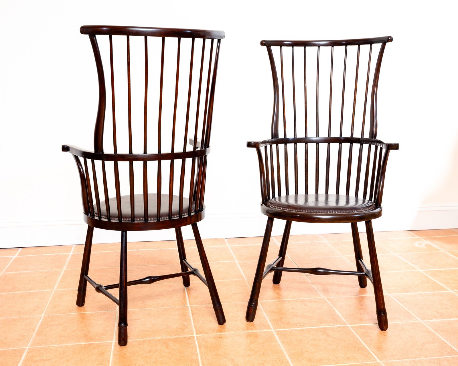 photo for sale Pair Of Liberty Windsor Chairs Arts And Crafts Shawl Back Fan Back A.Ntique Art Nouveau Aesthetic Movement 1900s Leather Armchairs Country House