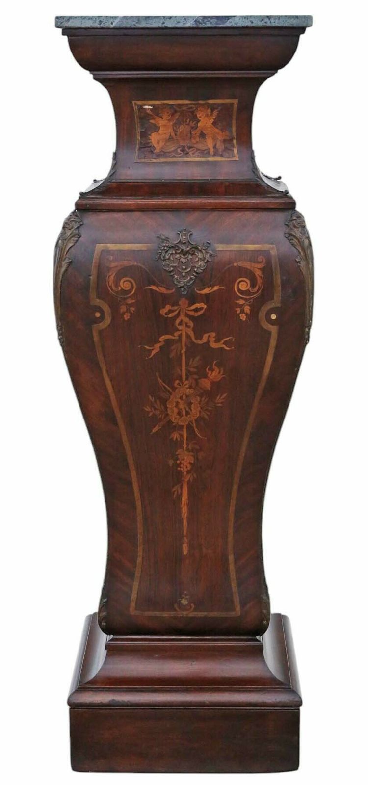 Antique Large 19th Century Neoclassical Jardiniere Statue Stand – Marquetry Pedestal Table With Ormolu Mounts And Marble Top photo furniture