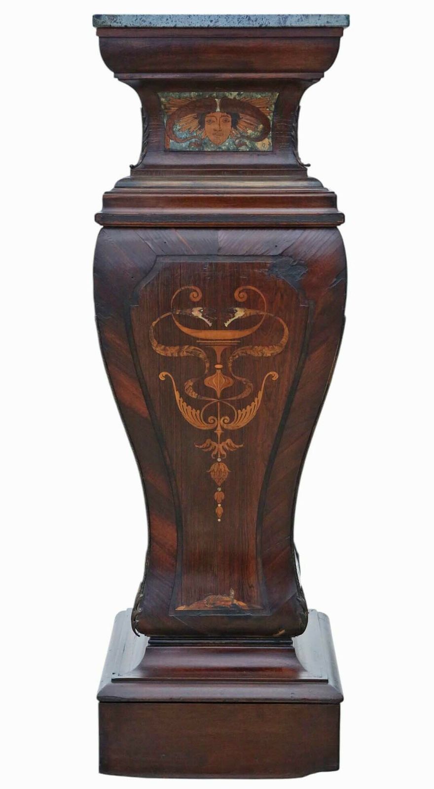 Antique 19th Century Large Neoclassical Jardiniere Statue Stand – Marquetry Pedestal Table With Ormolu Mounts And Marble Top photo for sale