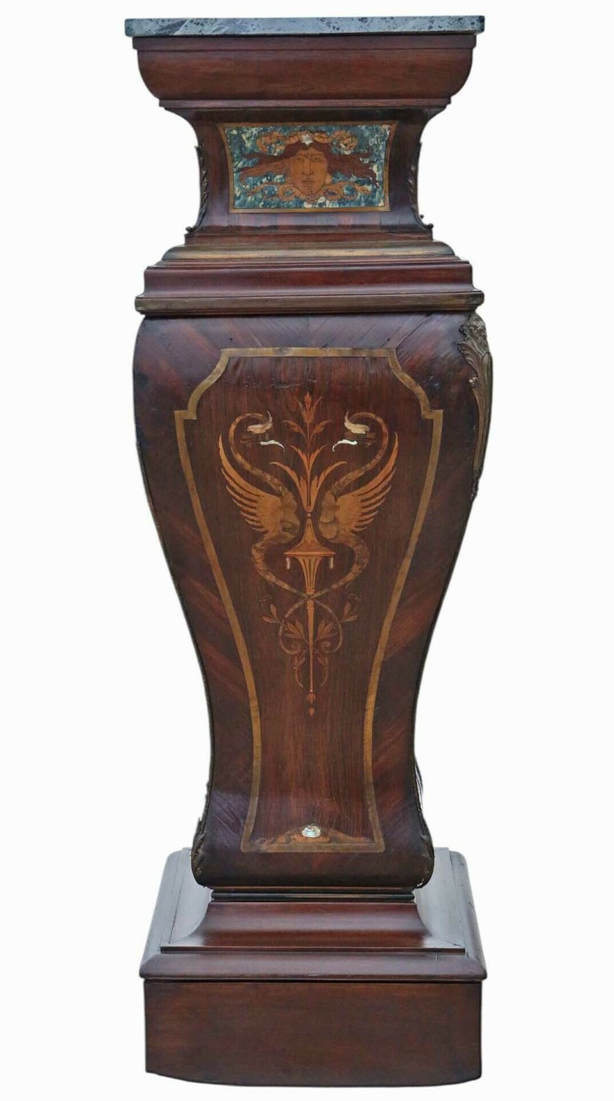 Antique 19th Century Large Neoclassical Jardiniere Statue Stand – Marquetry Pedestal Table With Ormolu Mounts And Marble Top photo Home Decor