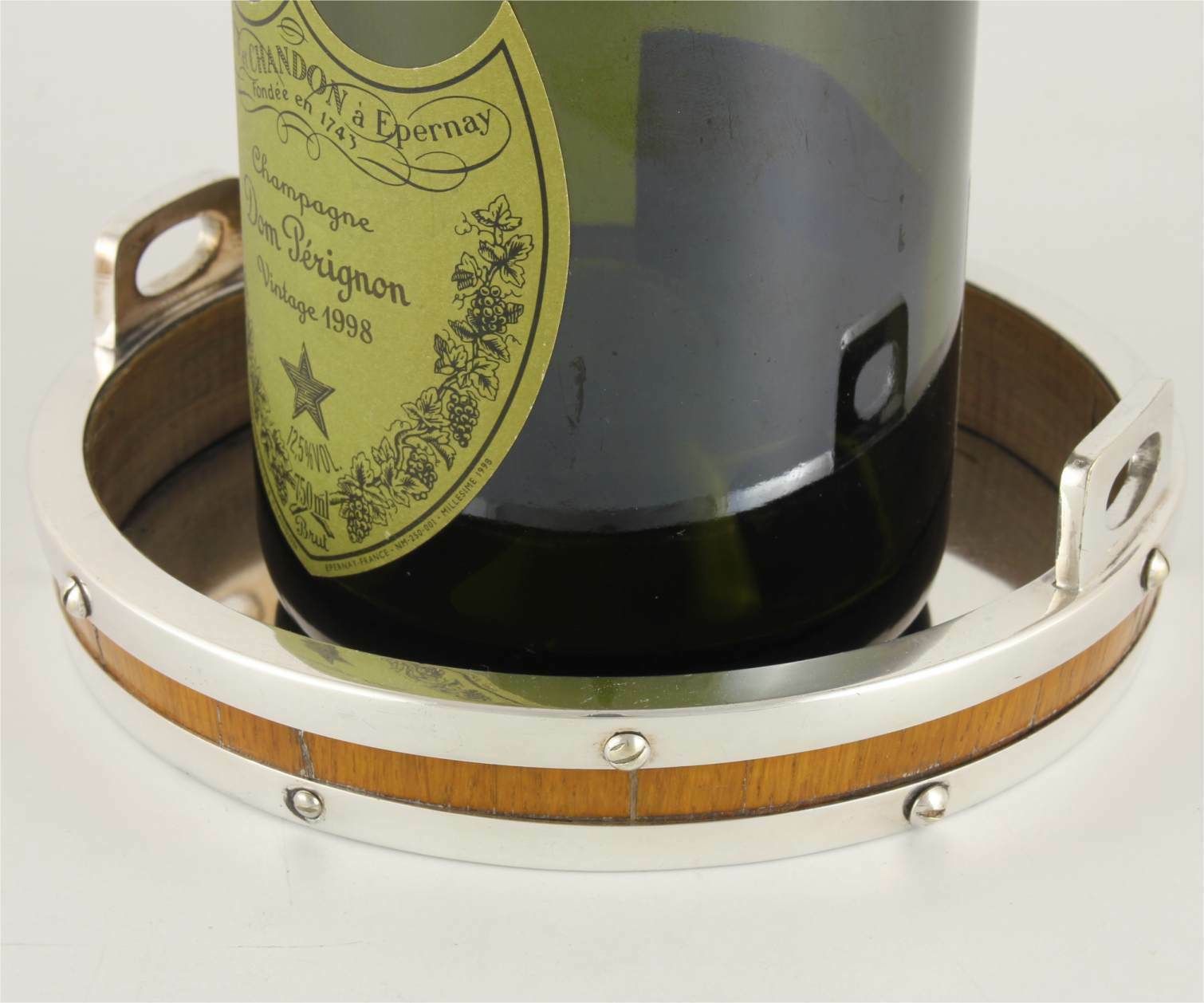 Large Silver Plate & Oak Bottle Coaster. Coopered Wine Champagne Holder.