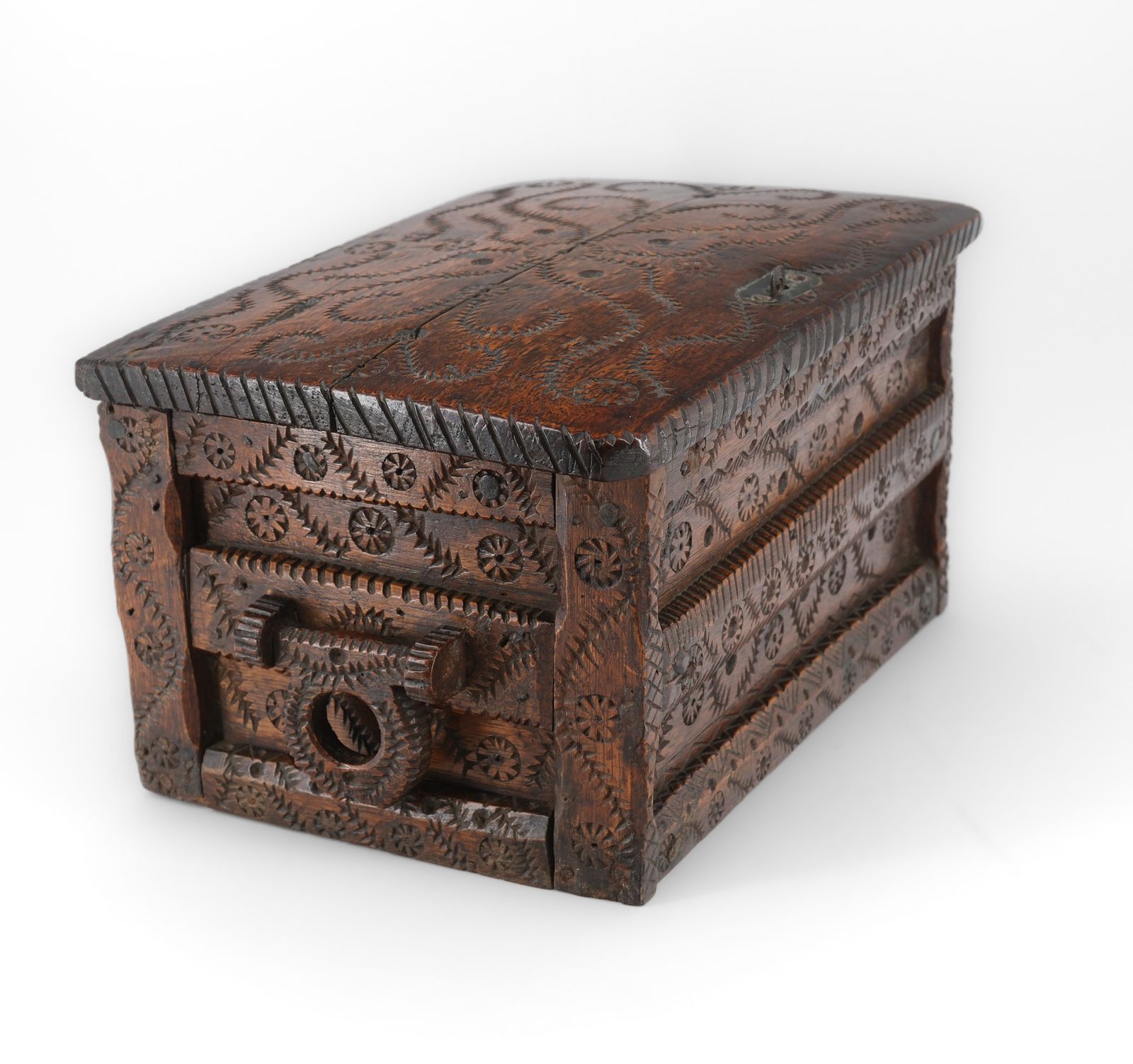 19th Century Scandinavian Folk Art Carved Oak Table Top Chest photo furniture