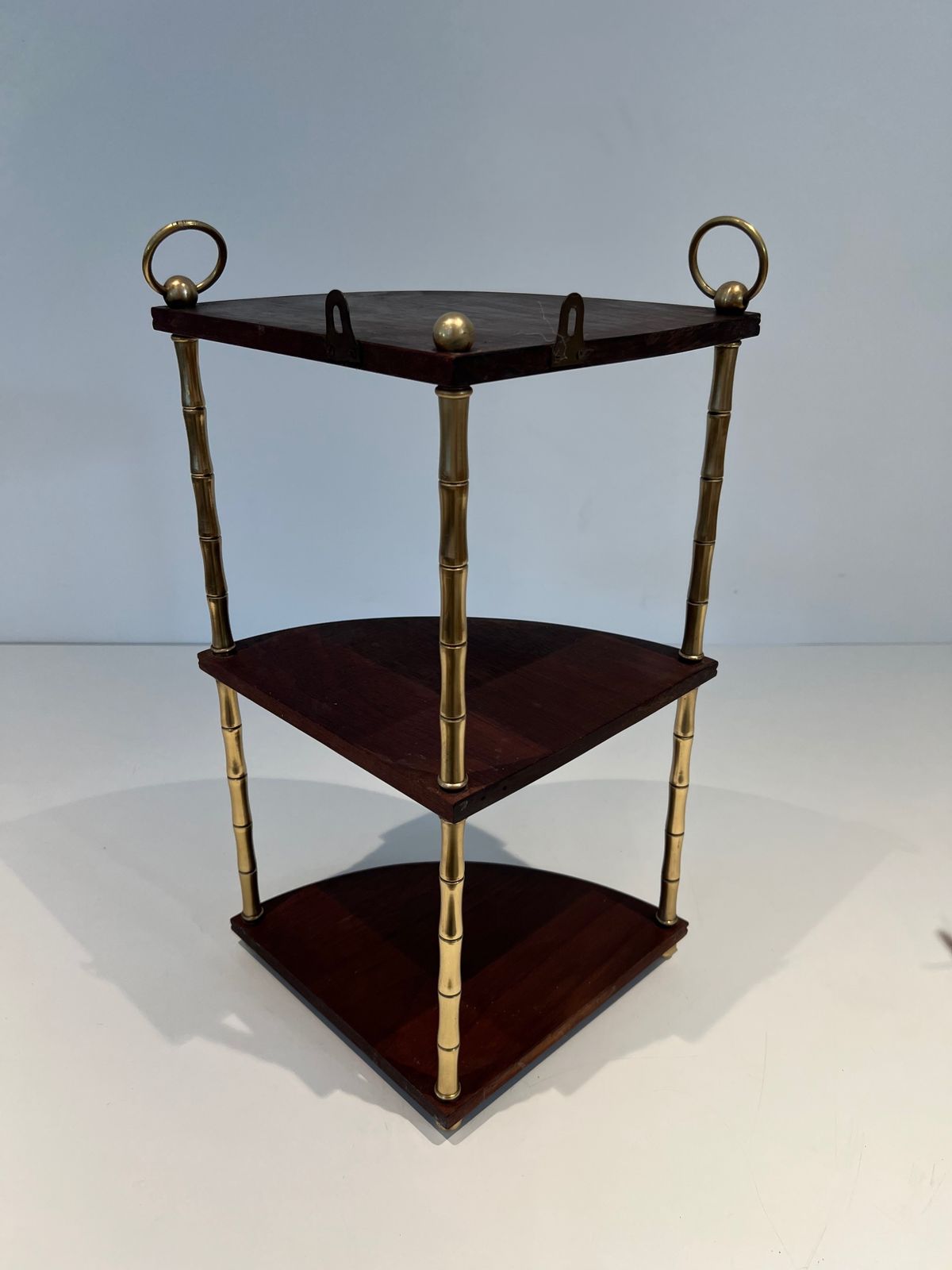 photo for sale Corner Shelf In Faux Bamboo And Mahogany Brass In The Style Of Maison Baguès