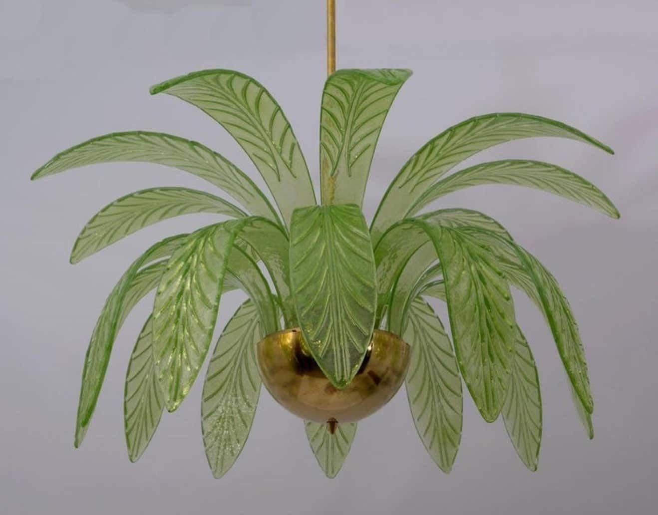 Modern Palm Leaves Chandelier Murano Glass And Brass, 1970s photo vintage