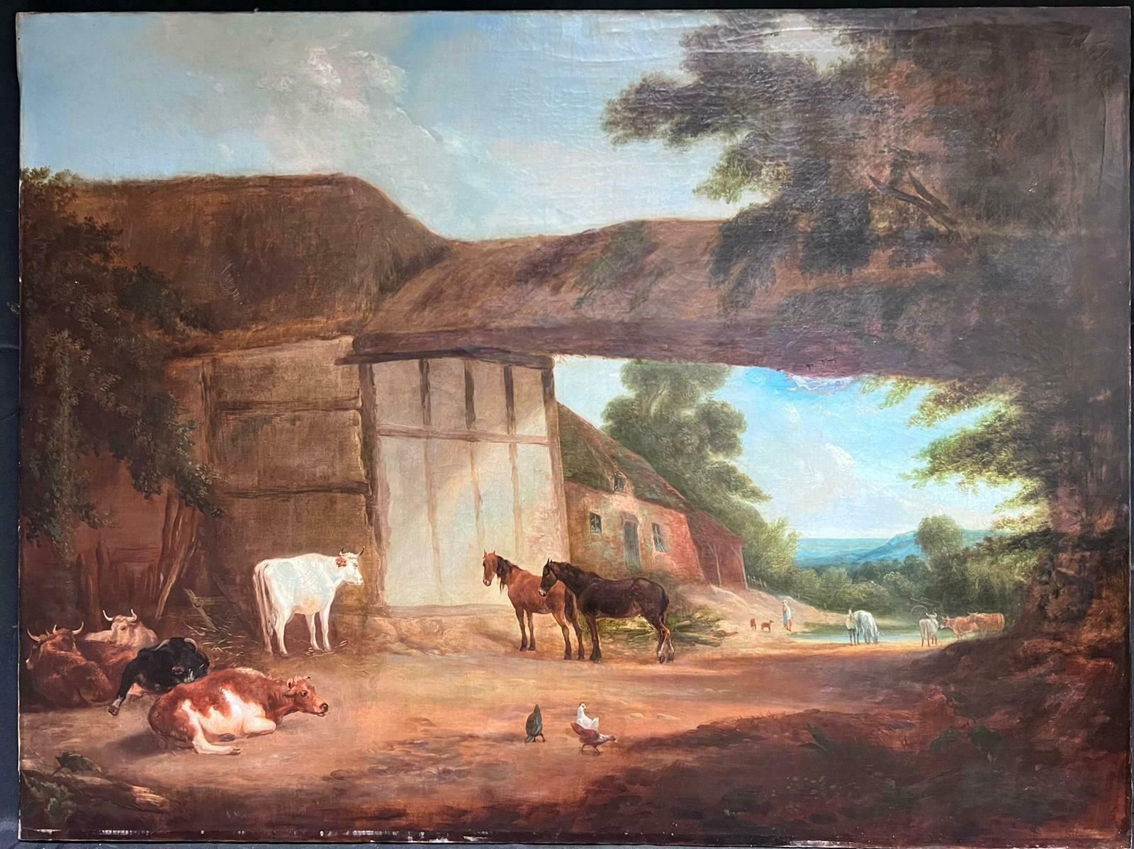 British Victorianhuge 1830's British Oil Painting On Canvas Farmyard Scene With Animals Landscape photo for sale