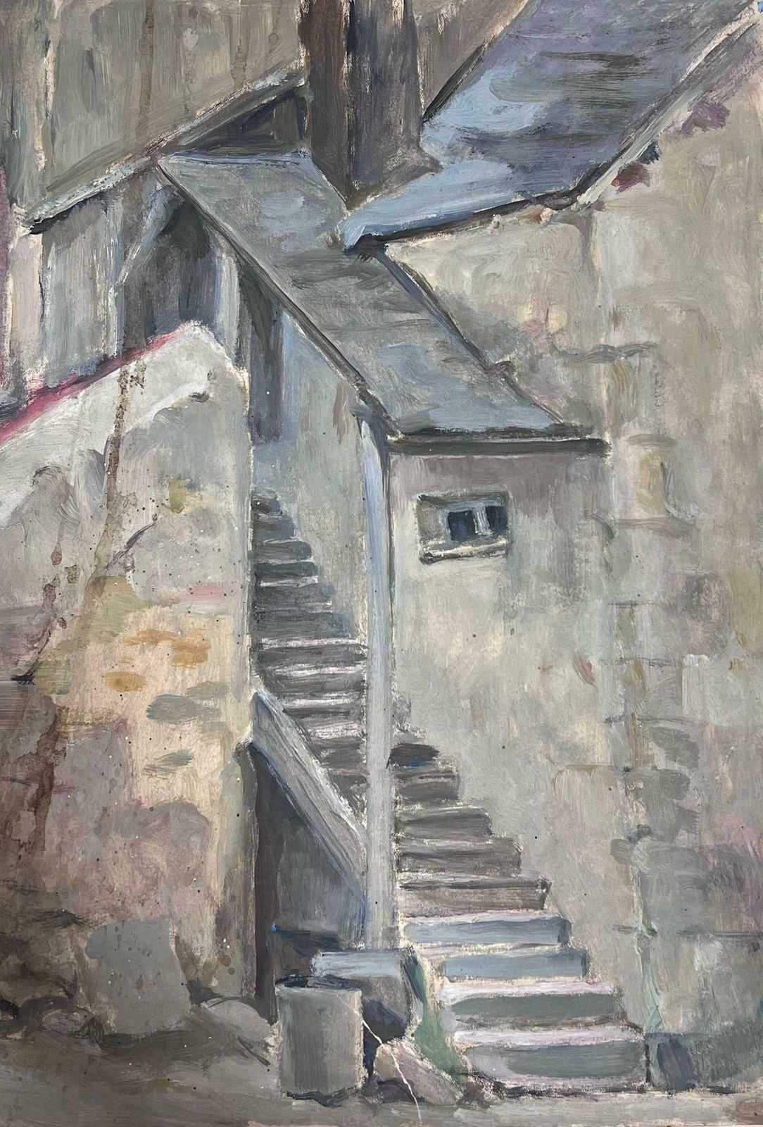 Louise Alix1930's French Impressionist Grey Stone Stair Way Gouache Painting 1930's