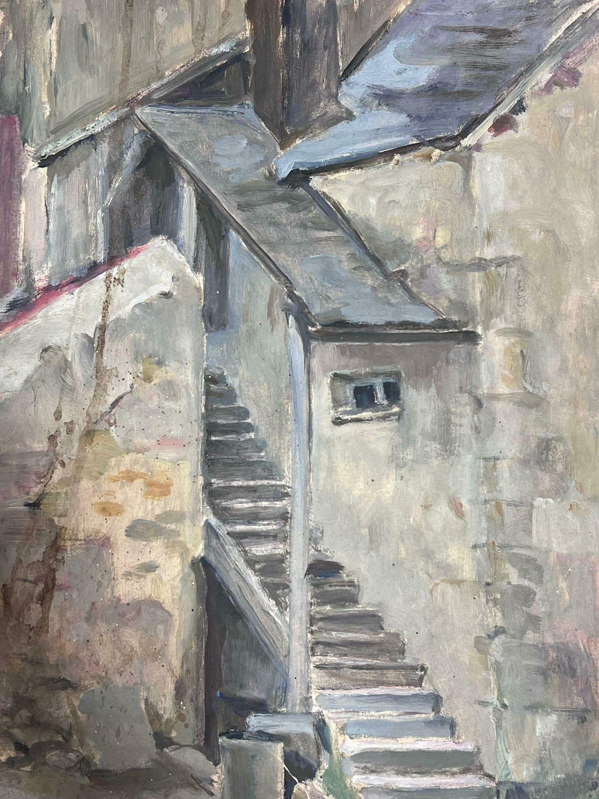 Louise Alix1930's French Impressionist Grey Stone Stair Way Gouache Painting 1930's photo for sale