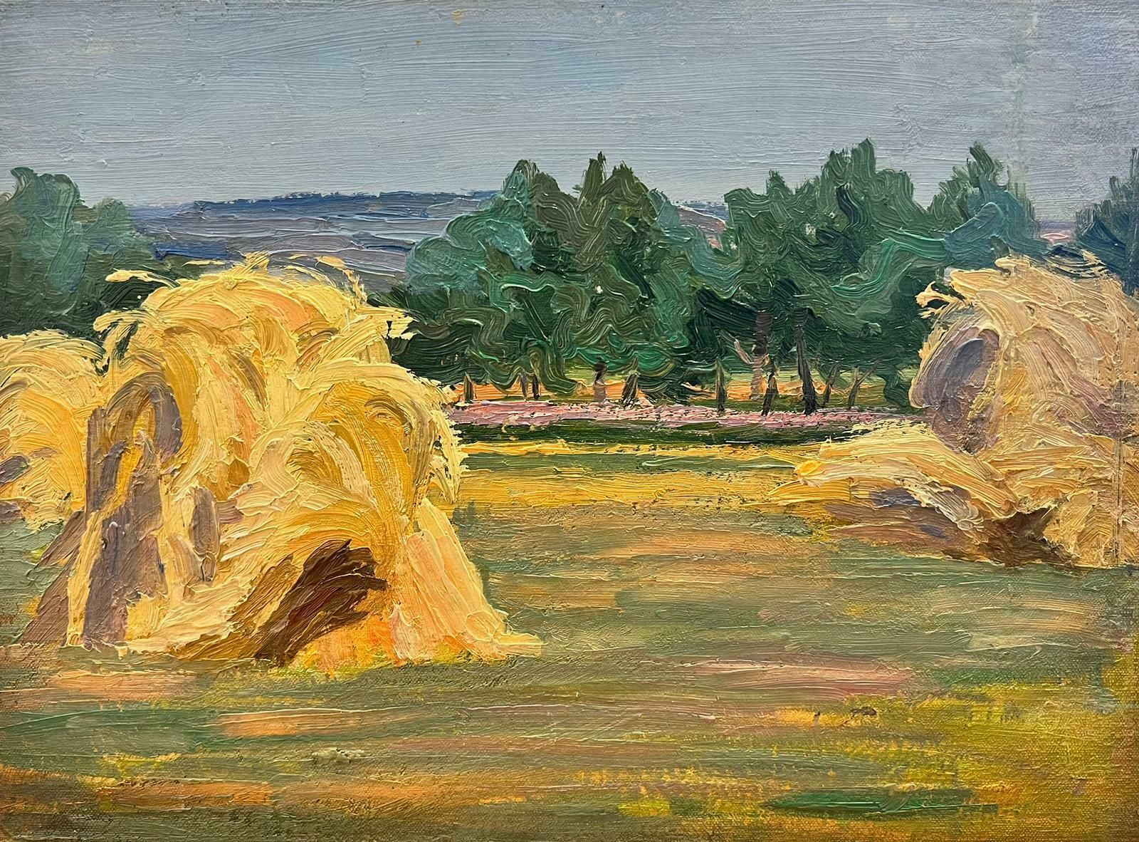 Suzanne Crochet1930's French Post Impressionist Oil Painting Harvest Fields Wheat Corn Stacksc. 1930's