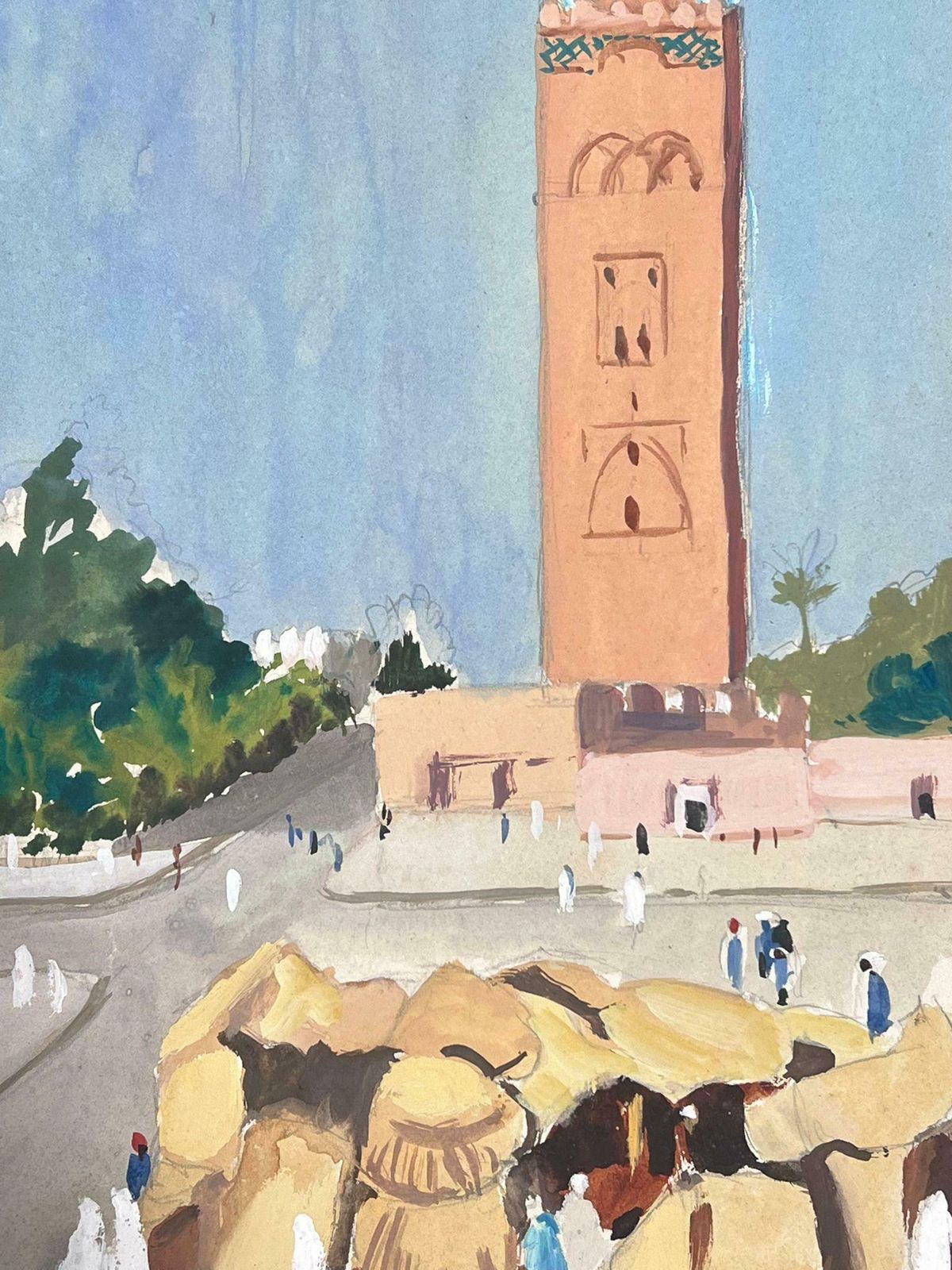 Louise Alix1930's French Impressionist Tall Orange Bell Tower In Busy Figure Town 1930's photo furniture