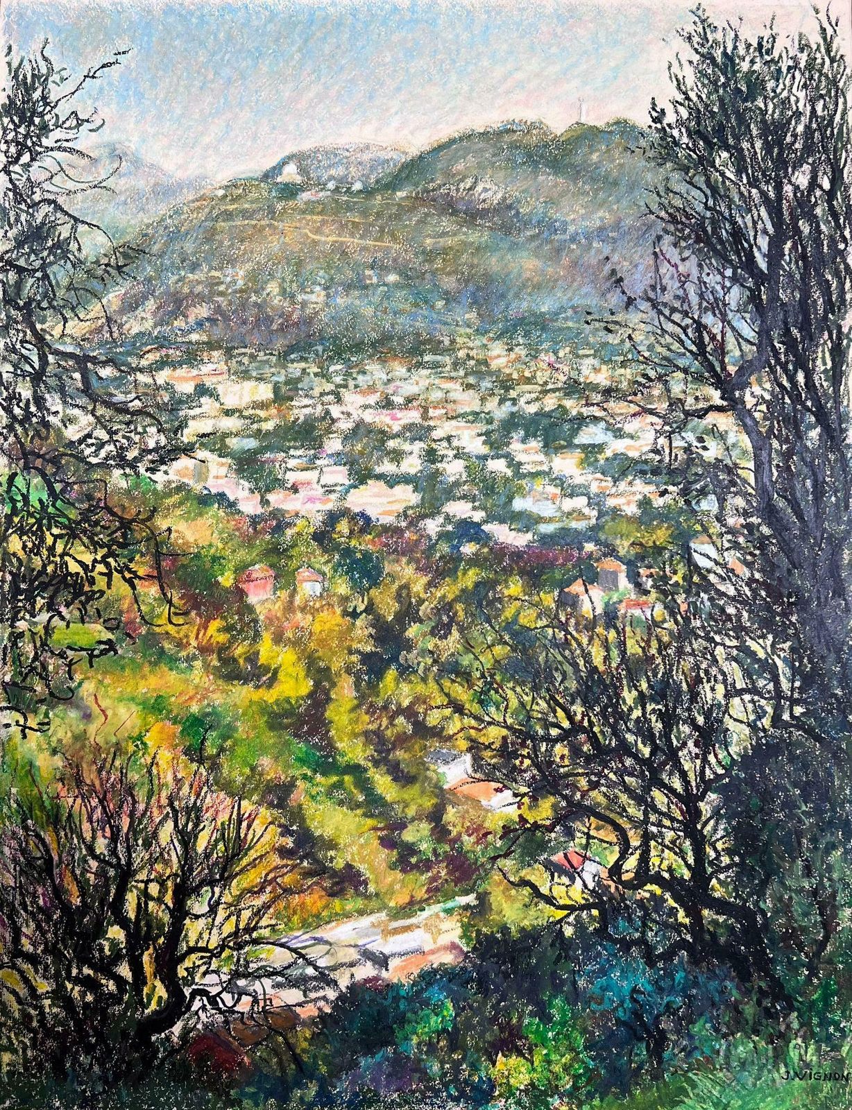 Josine Vignonlarge 20th French Impressionist Pastel Painting Provence Valley Village View1977 photo Art