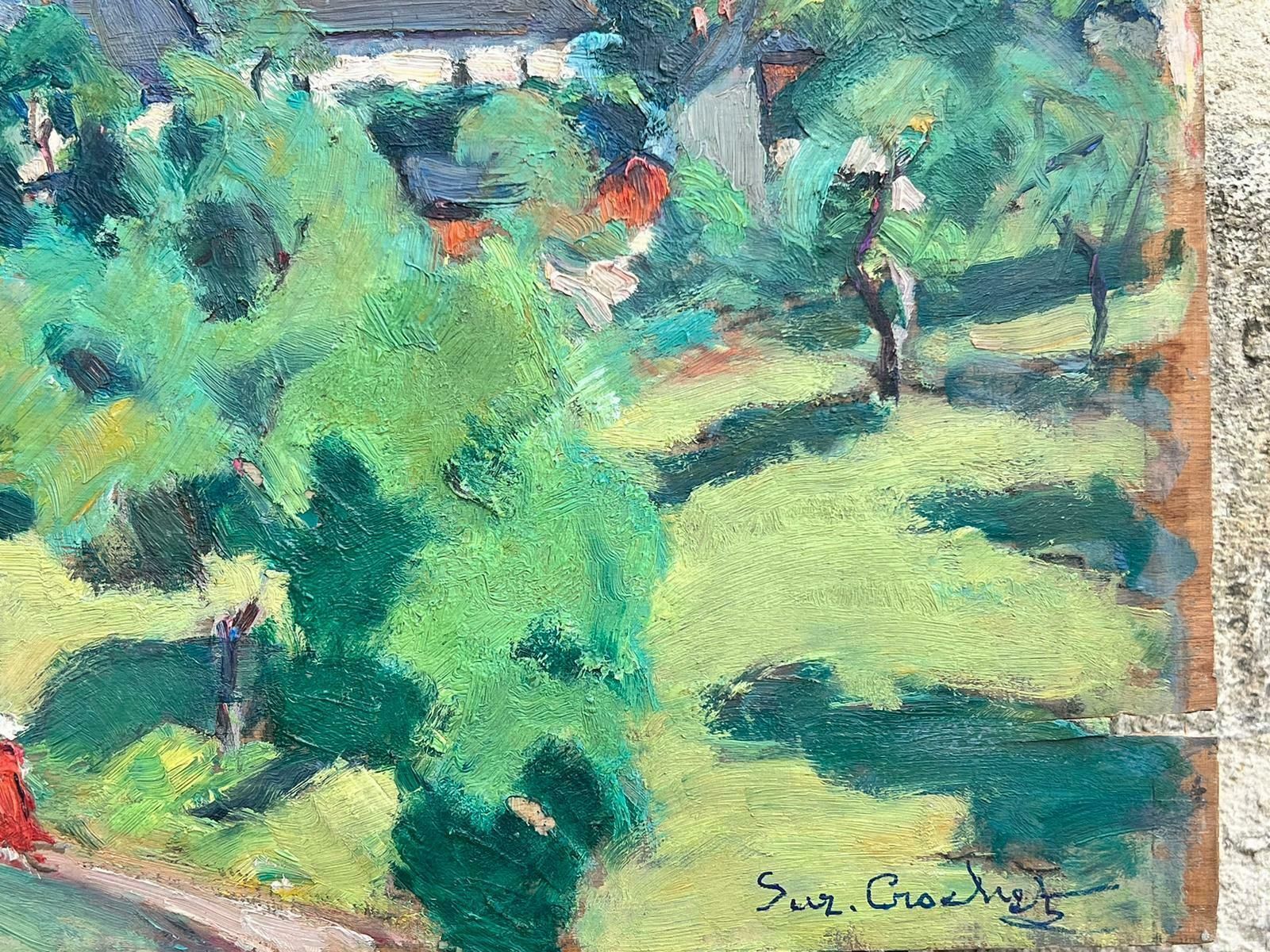Suzanne Crochet1930's French Post Impressionist Oil Painting Bright Green Church Landscapec. 1930's photo for sale