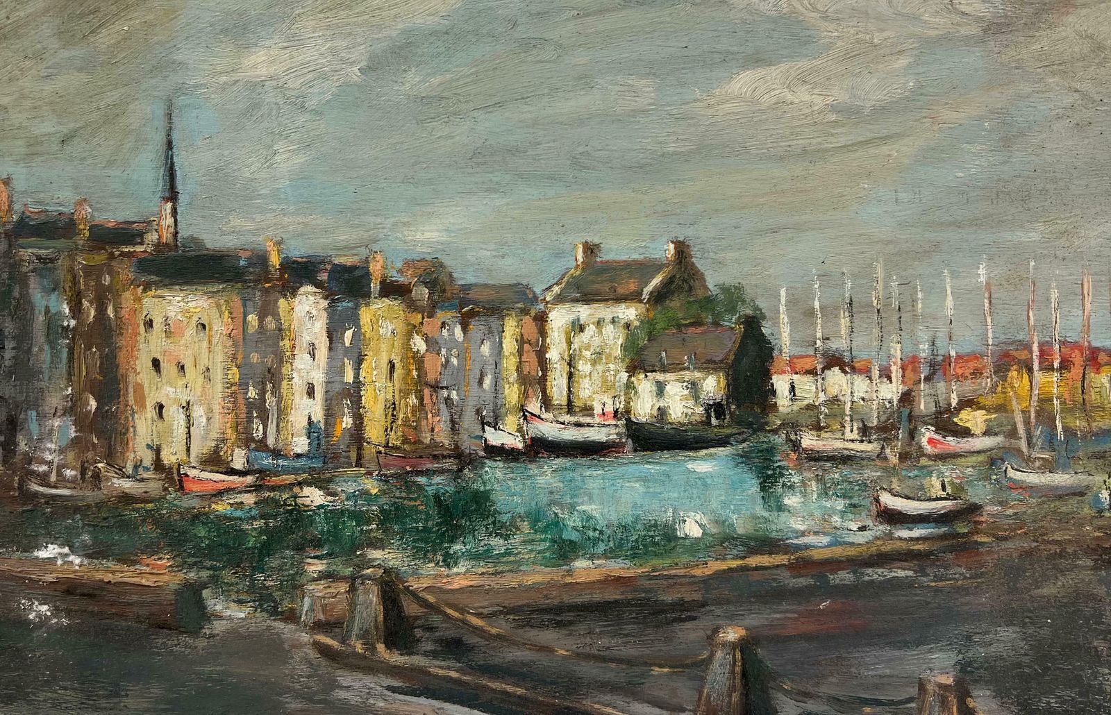 Fanch Lelquiet Charming Harbor Village At Dusk Impressionist Coastal Scene20th Century