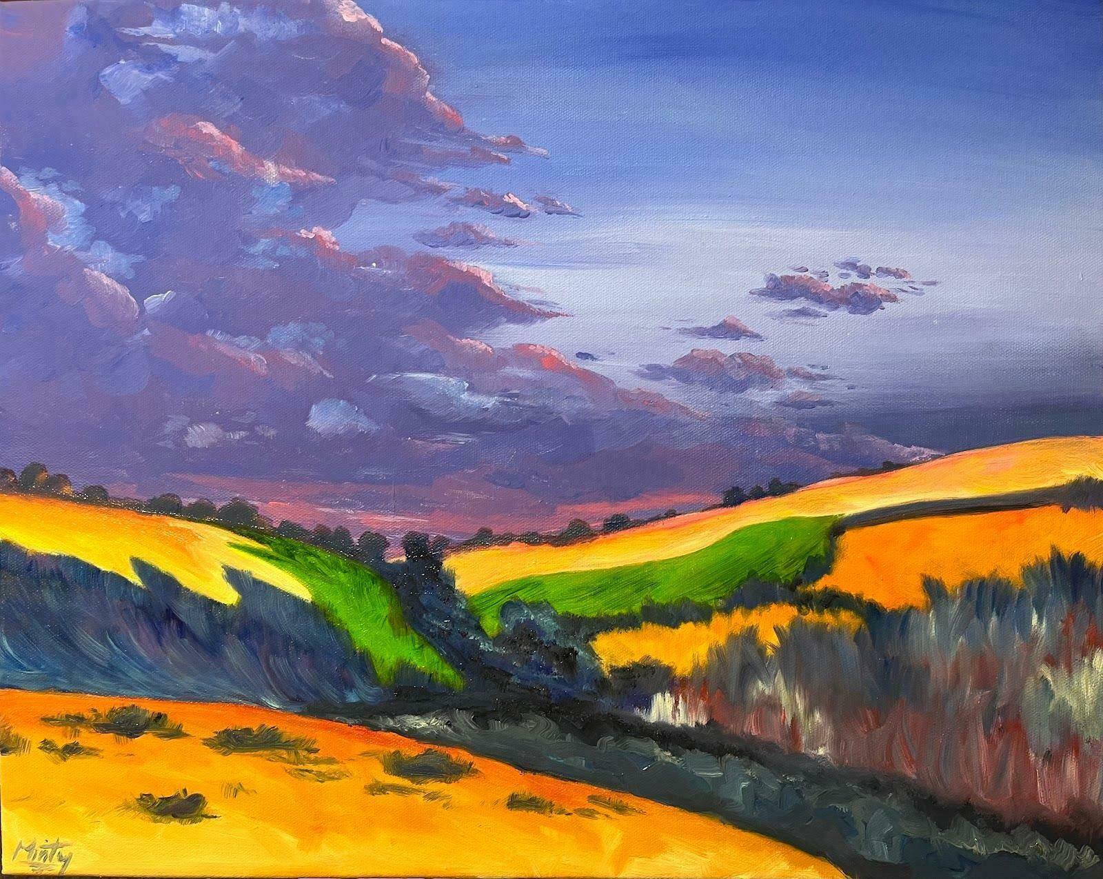 Minty Ramseyfauvist Painting Contemporary Purple Sunset Over Spanish Country Side Fields2024