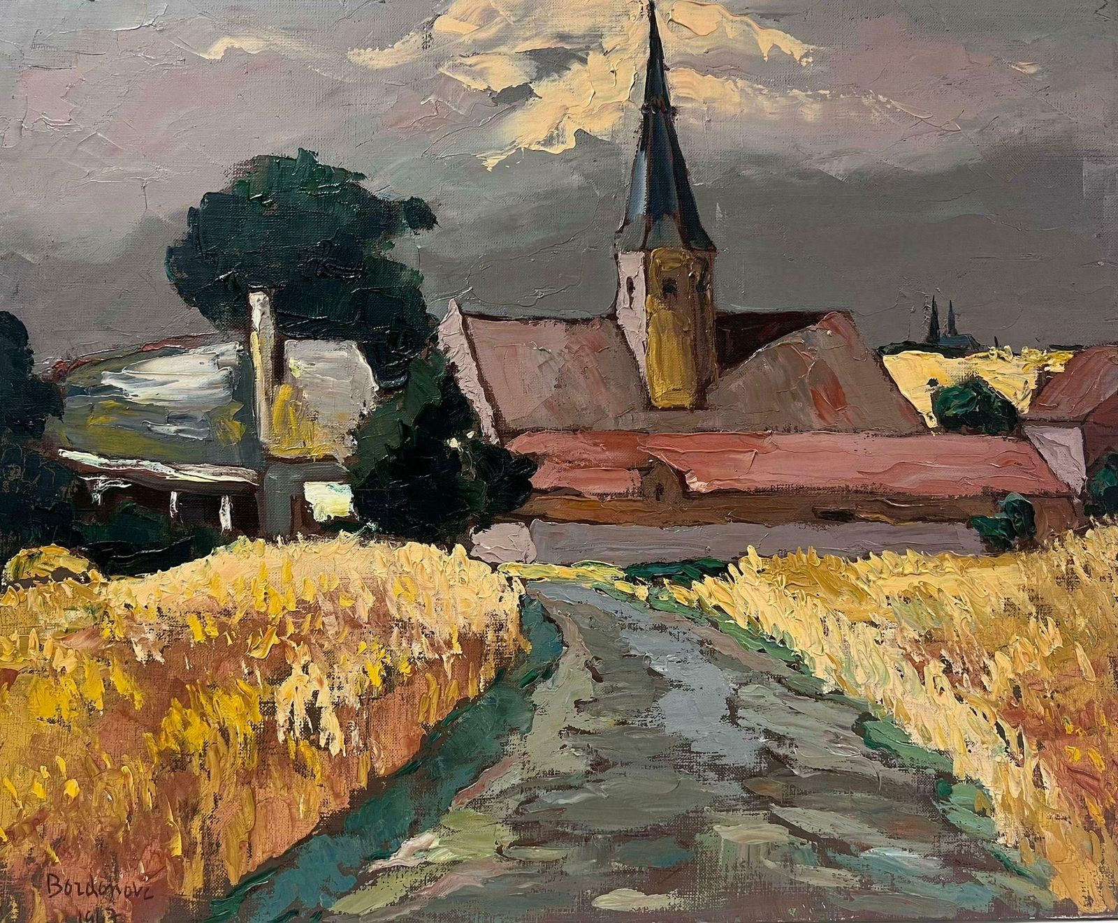 Georges Bordonovecontemporary French Impressionist Oil Church At The End Of The Corn Fields photo Art