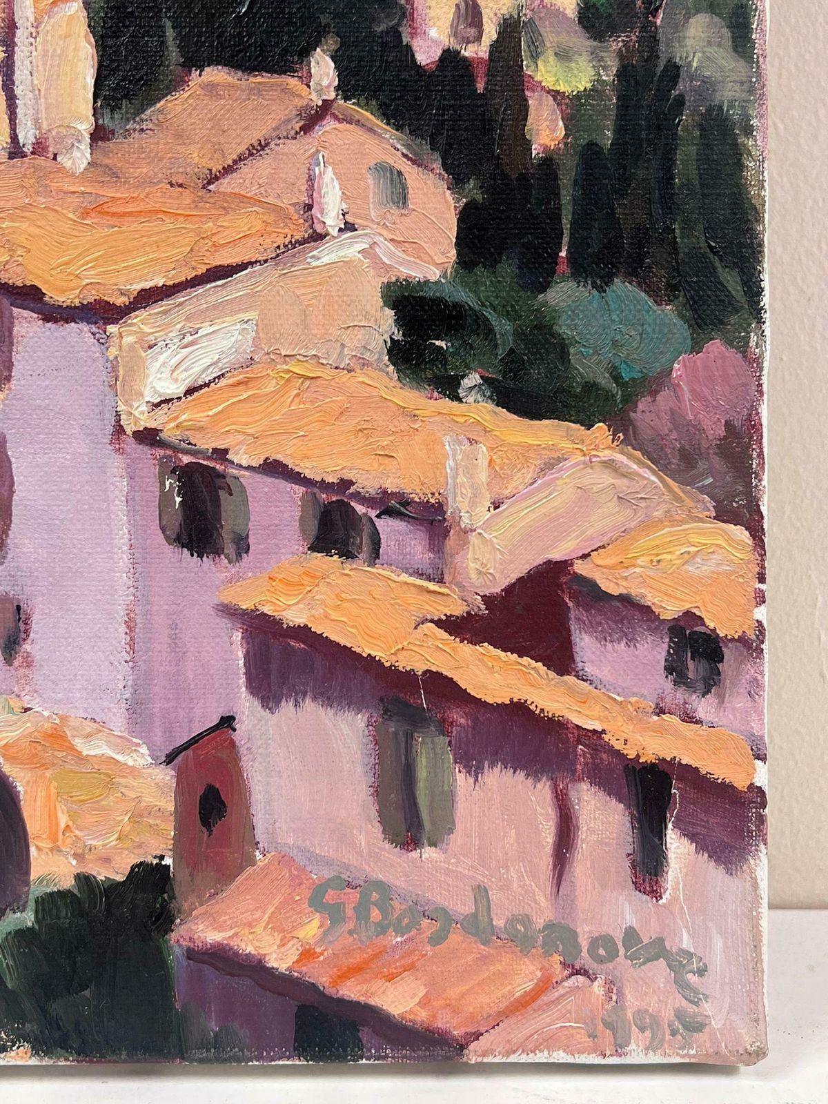 Georges Bordonovepink French Town Hidden In The Mountains Contemporary Impressionist Oil photo for sale