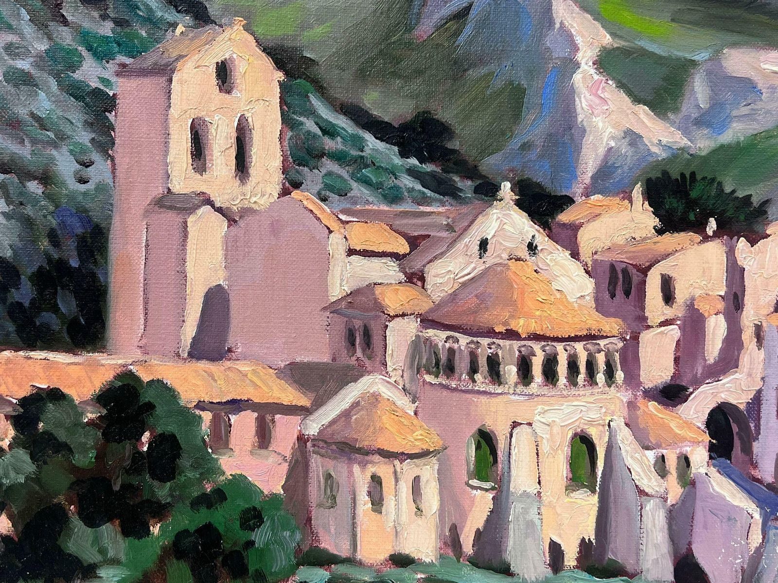 Georges Bordonovepink French Town Hidden In The Mountains Contemporary Impressionist Oil photo Art