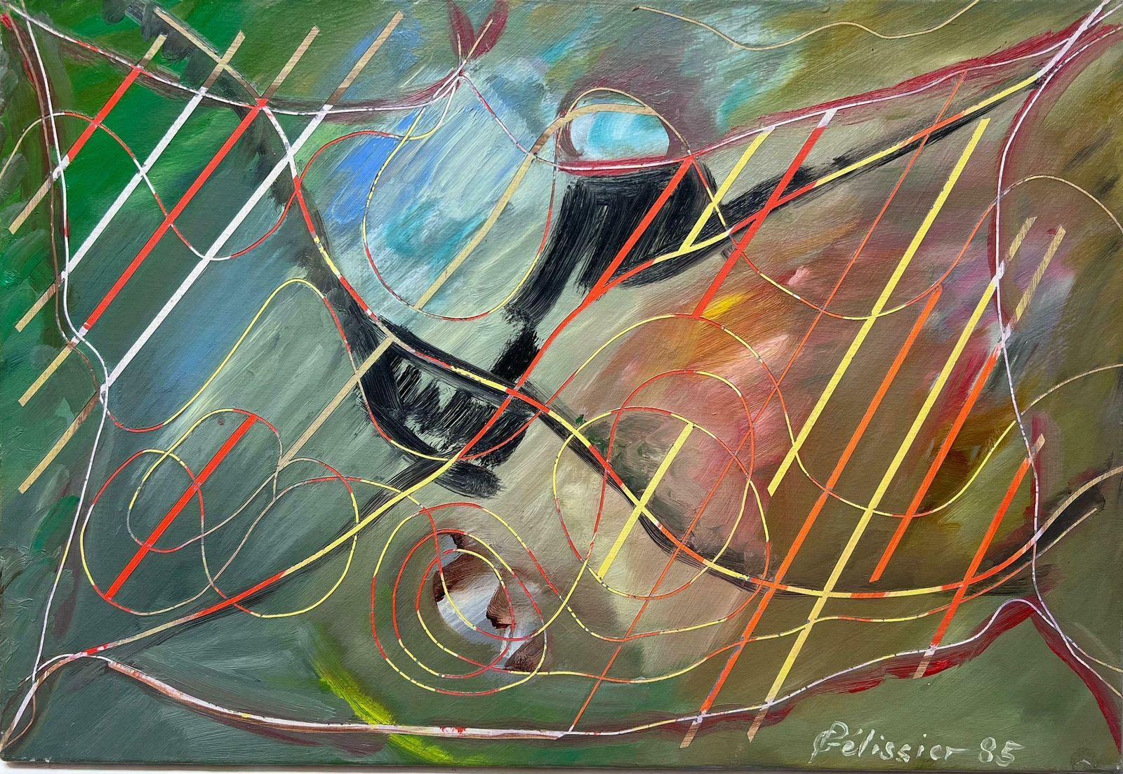 Gilbert Pelissieroriginal 20th Century French Abstract Painting Twirling Shapes 1985