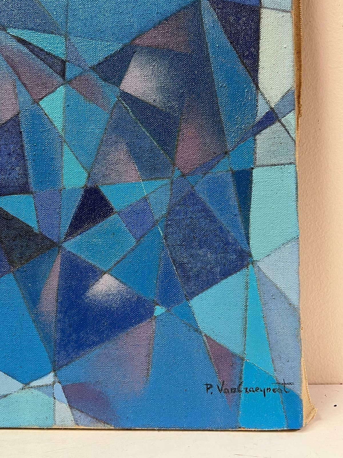 French Cubist 20th Centuryblue Grey Cubist French Signed Oil Painting C.1970's Period1970's photo Art