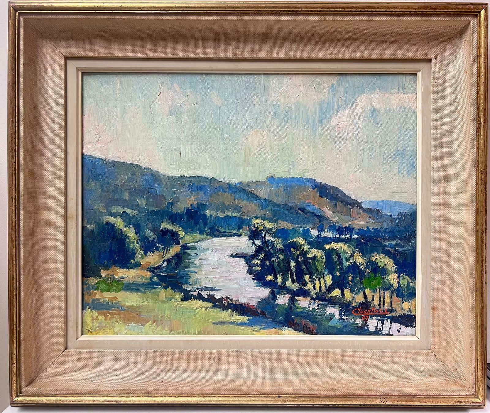 French School1940's French Impressionist Signed Oil Painting Winding River Lush Green Fields