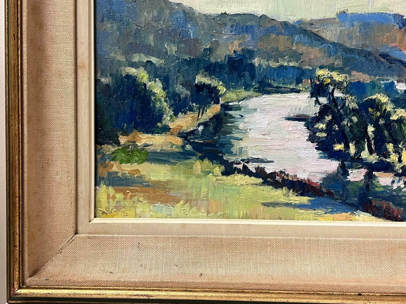 French School1940's French Impressionist Signed Oil Painting Winding River Lush Green Fields photo Art