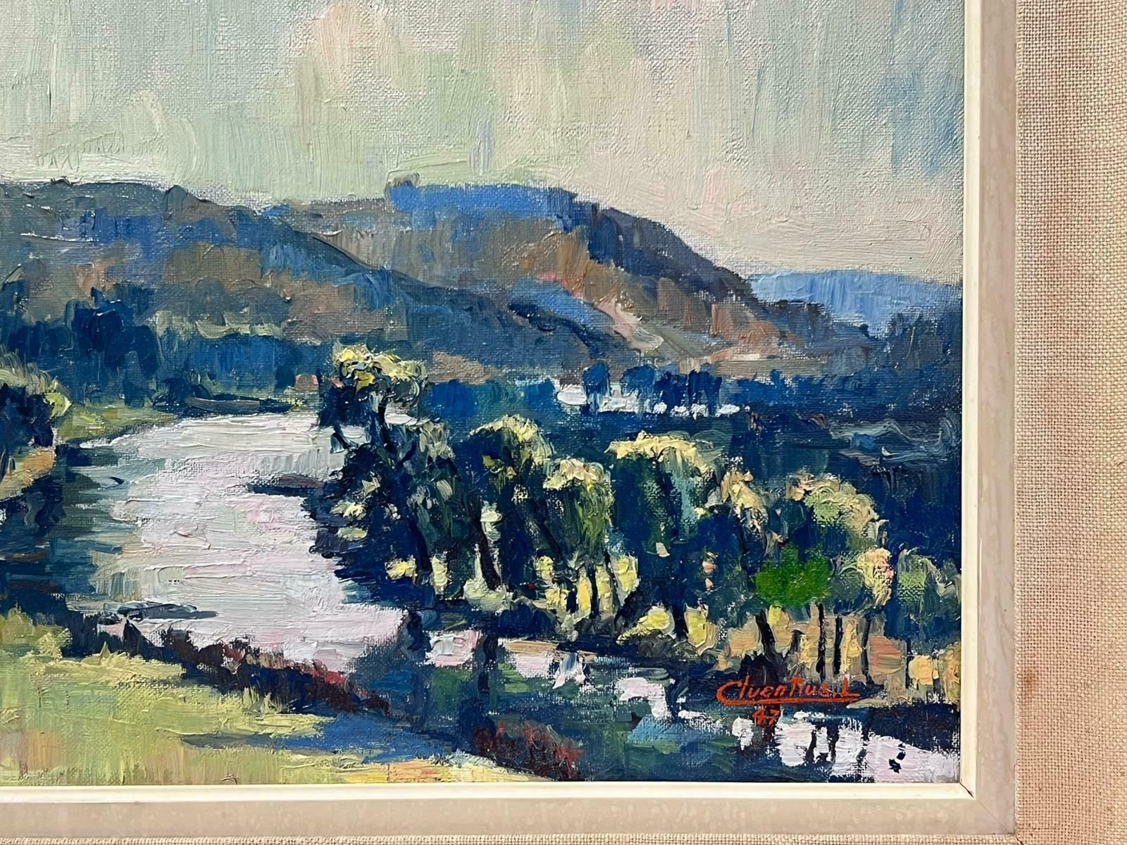 French School1940's French Impressionist Signed Oil Painting Winding River Lush Green Fields photo vinterior