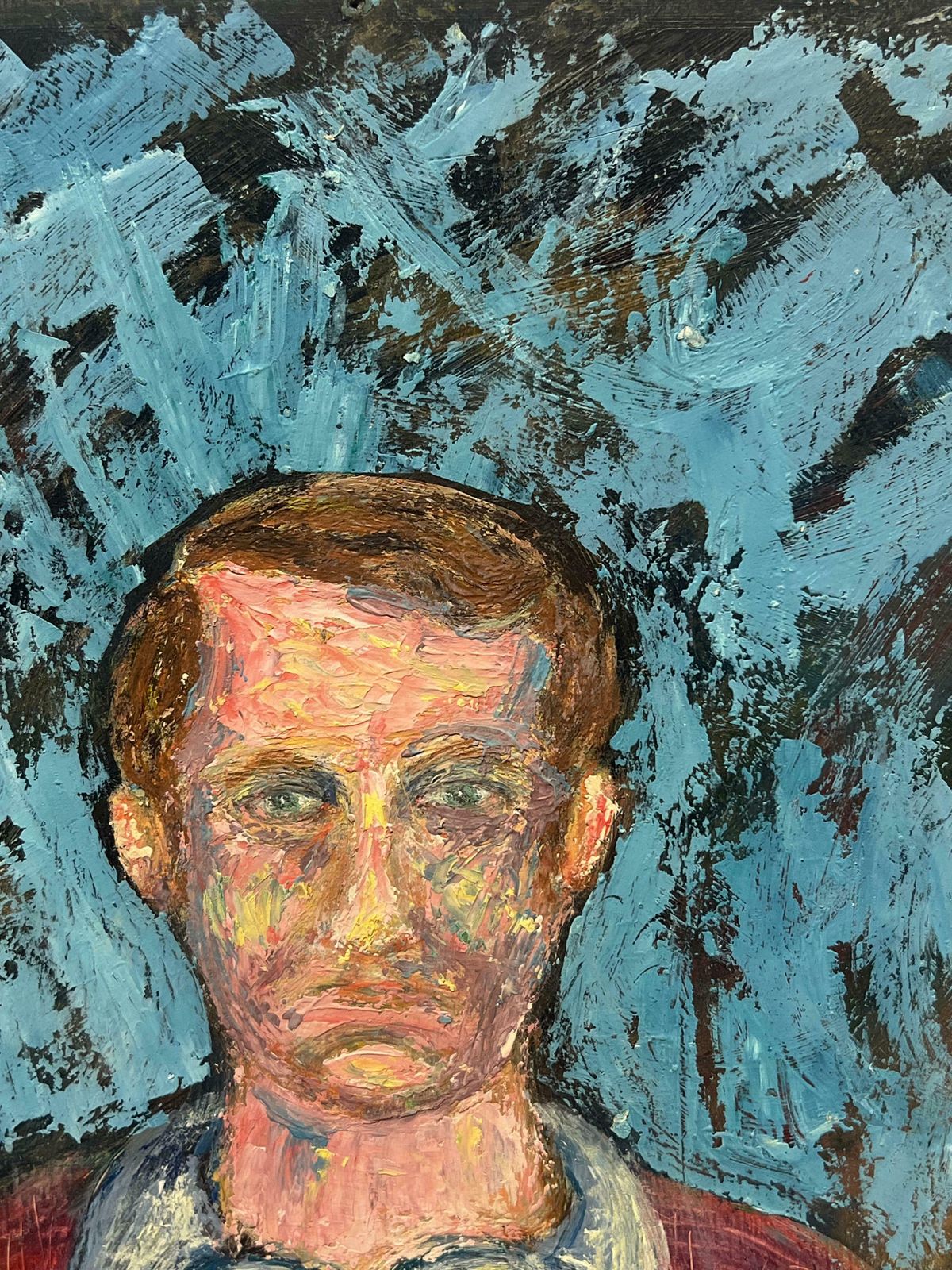 Fanch Lelexpressionist Portrait Of A Man In A Red Sweater Against A Bold Blue Abstract20th Century photo for sale