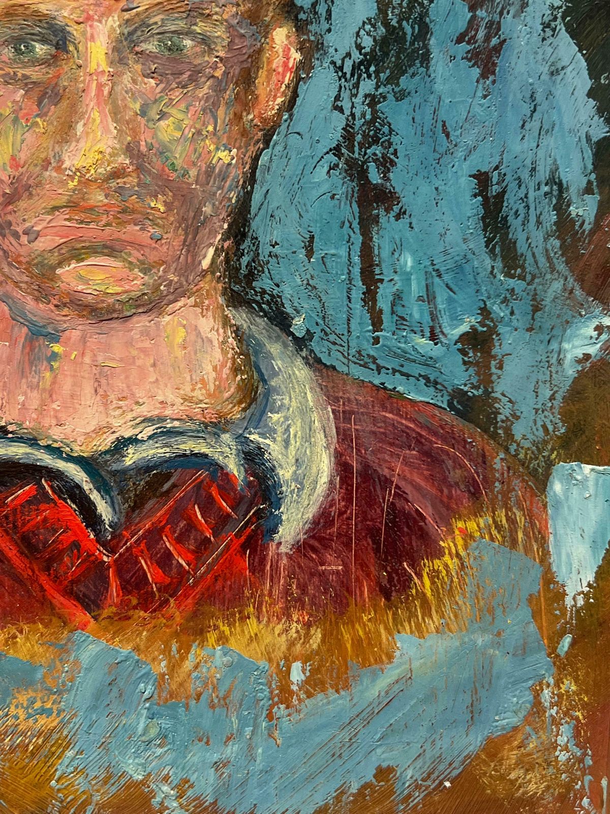 Fanch Lelexpressionist Portrait Of A Man In A Red Sweater Against A Bold Blue Abstract20th Century photo vinterior