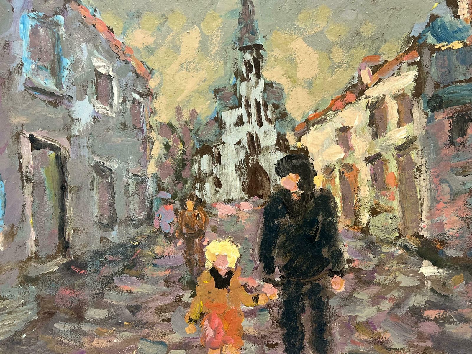 Fanch Lelfigures Strolling In European Street Scene Distant Church Steeple Oil 20th Century photo for sale
