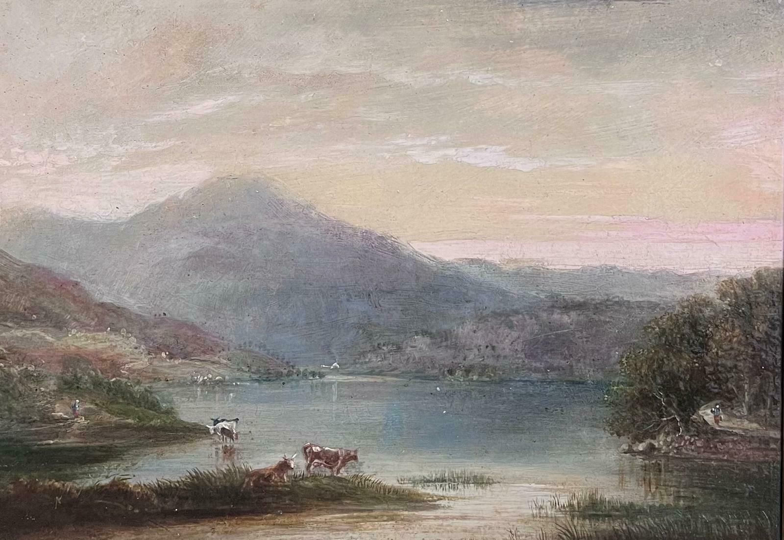 British 1860'sscottish Highlands Loch Scene Cattle Watering Dusk Atmospheric Light 19th C. Oil photo furniture