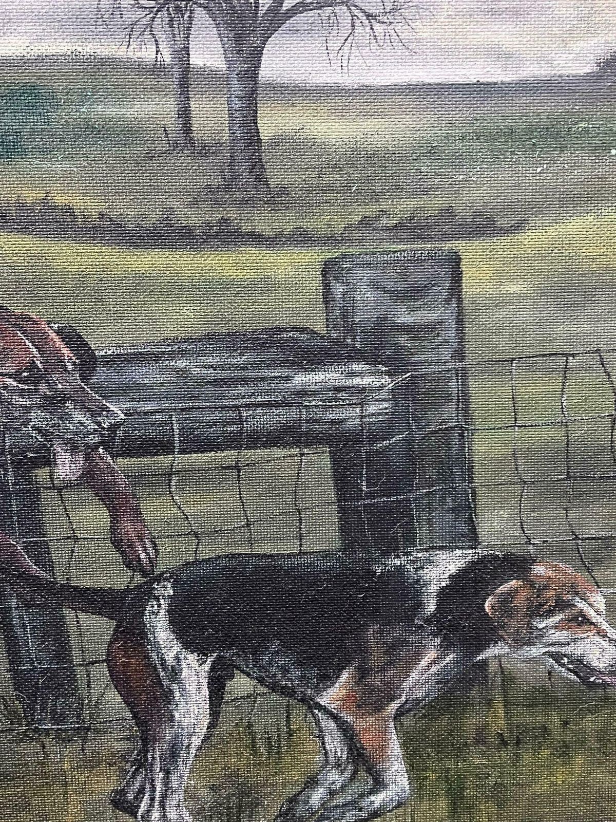 Jean Terryhuge British Sporting Oil Painting Hunting Hounds In Full Pursuit Over Fence1998 photo vintage
