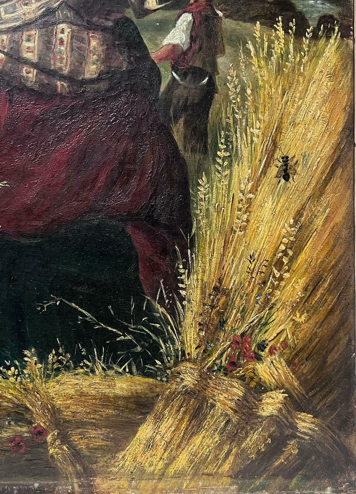 English 19th Centurywoman In Harvest Fields Next To Coastal Seascape Victorian Oil Painting Canvas photo for sale