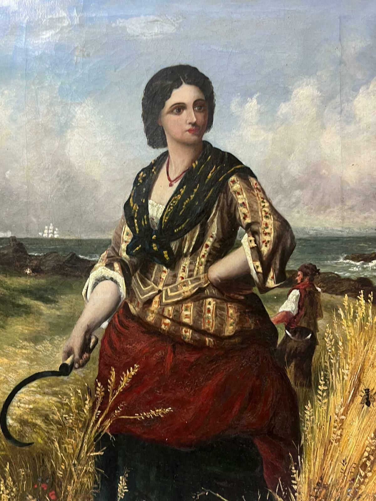 English 19th Centurywoman In Harvest Fields Next To Coastal Seascape Victorian Oil Painting Canvas photo 2354.0