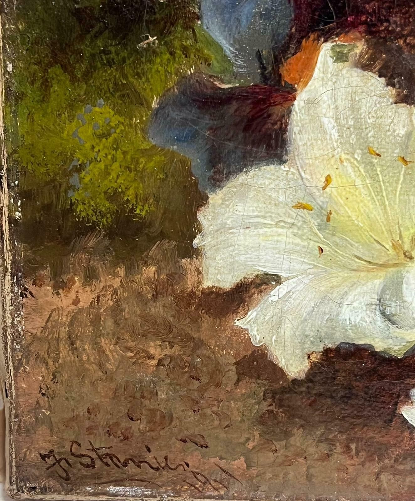 Frederick J Staniercharming Victorian English Still Life Oil Painting Flowers In Natural Setting photo for sale