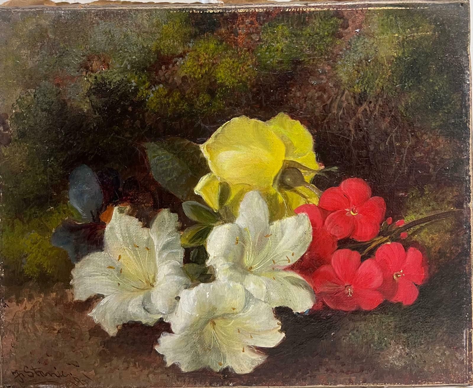 Frederick J Staniercharming Victorian English Still Life Oil Painting Flowers In Natural Setting photo vinterior