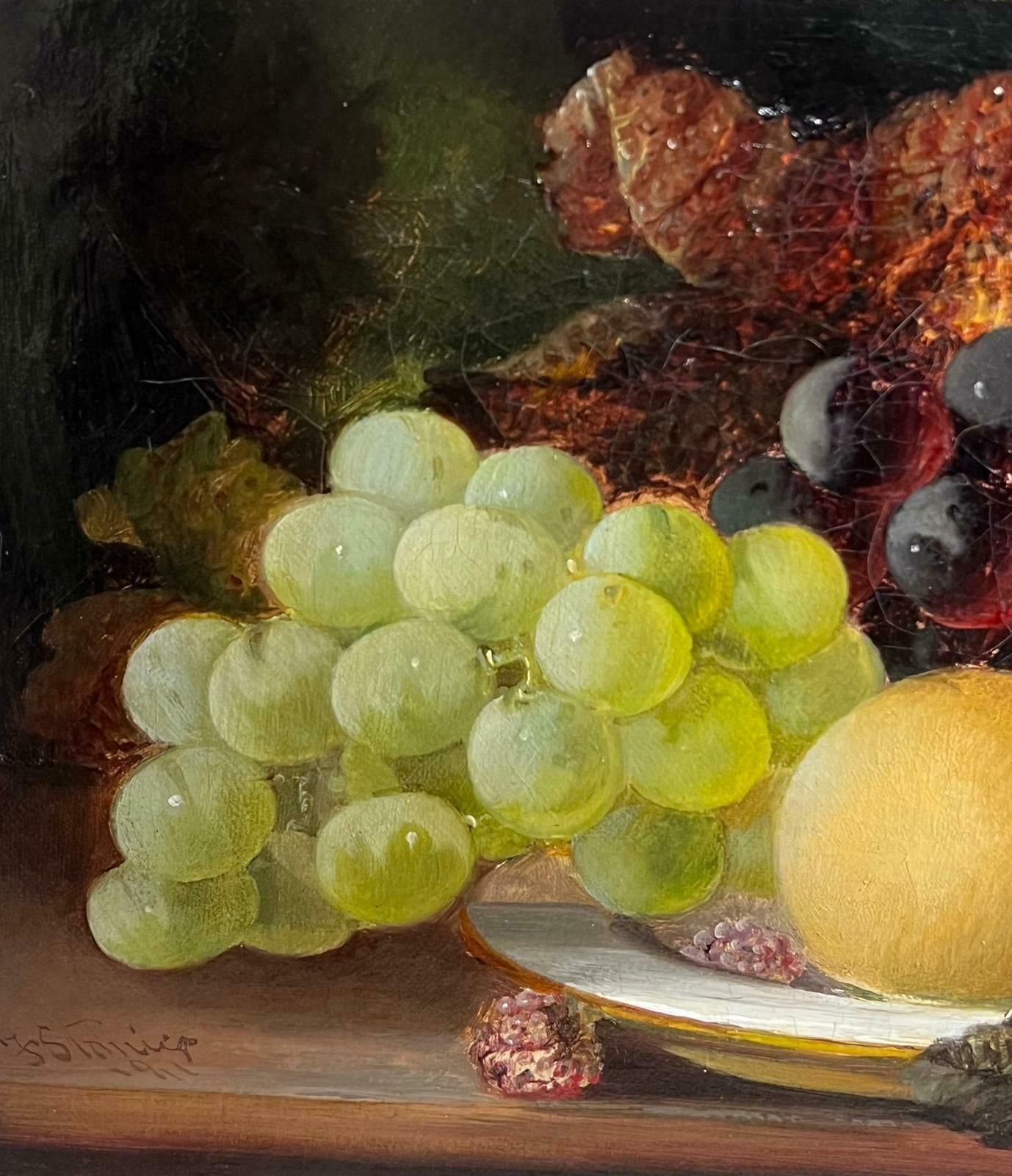 Frederick J Staniervictorian Still Life Oil Painting Of Fruit Peaches Grapes On Platter photo for sale