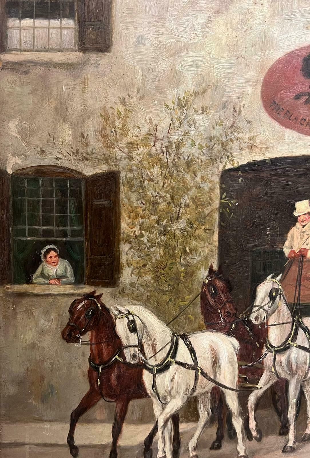 Victorian English Oil 19th Century English Coaching Scene Oil Painting Horse Carriages Outside Tavern photo 975.0