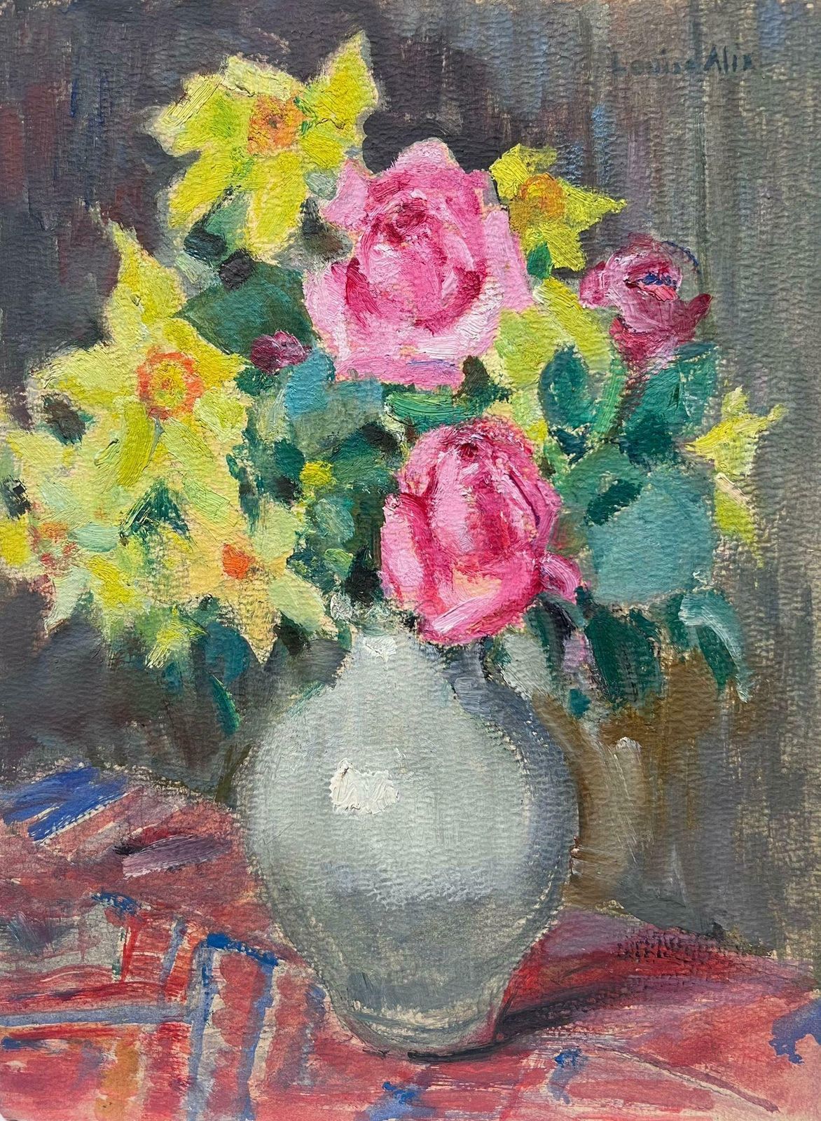 Louise Alix1930's French Impressionist Still Life Painting Daffodils And Pink Roses In Vase1940's