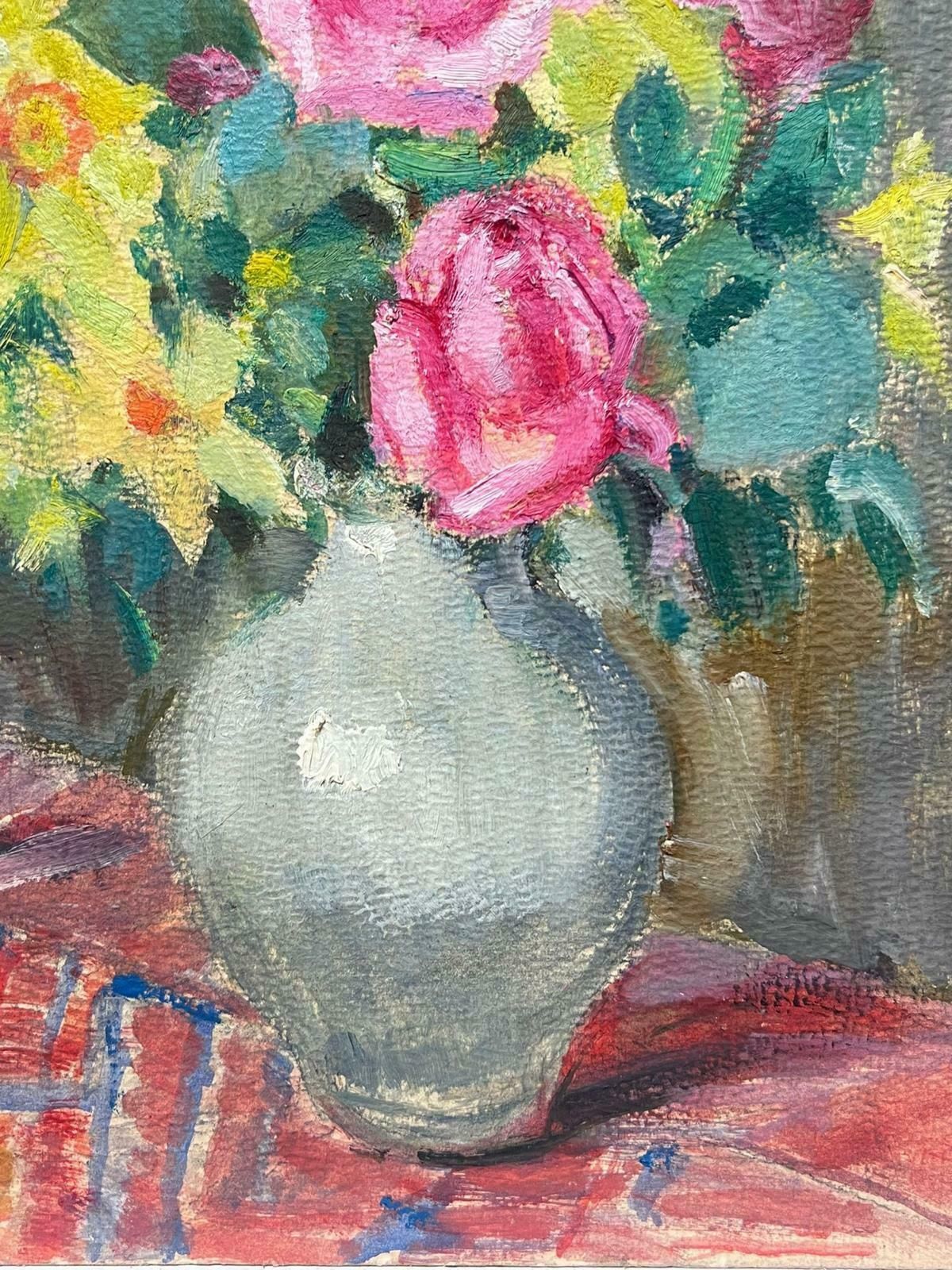 Louise Alix1930's French Impressionist Still Life Painting Daffodils And Pink Roses In Vase1940's photo furniture