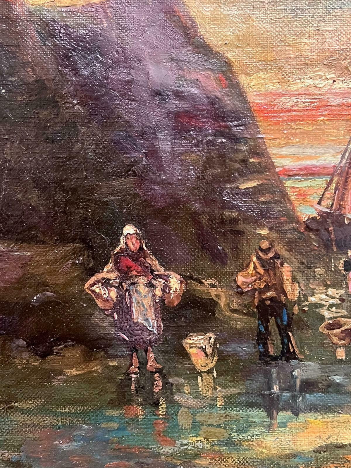 French School19th Century Signed French Oil Painting Fisherfolk On The Shore Sunset Sunrise photo buy