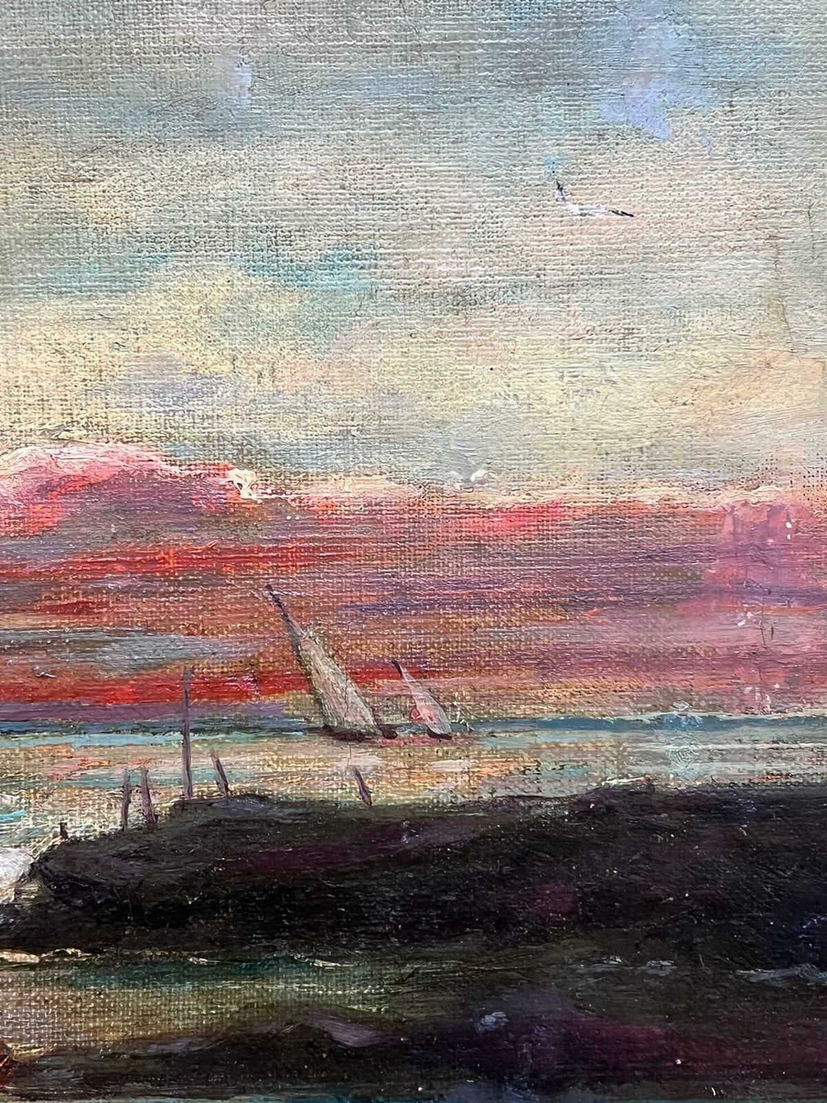 French School19th Century Signed French Oil Painting Fisherfolk On The Shore Sunset Sunrise photo vintage