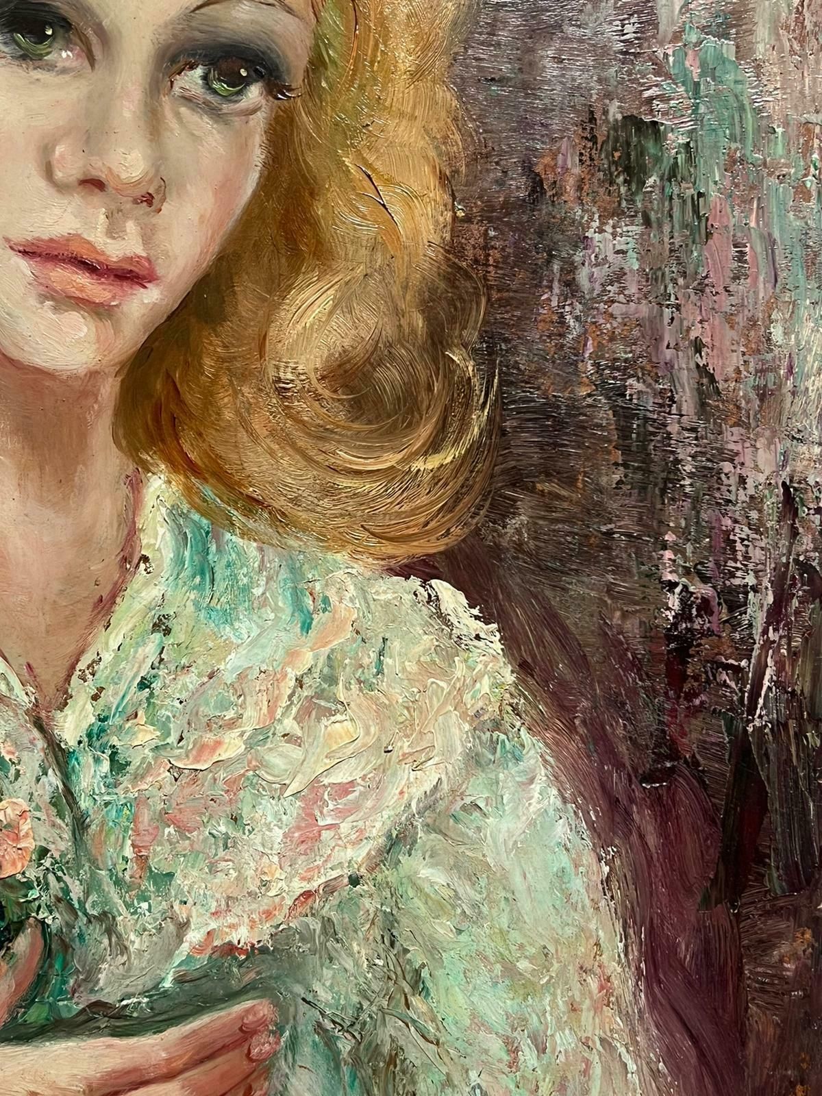 photo furniture Anna De Banguy1950's French Post Impressionist Signed Oil Portrait Of Young Lady With Flowers1950's
