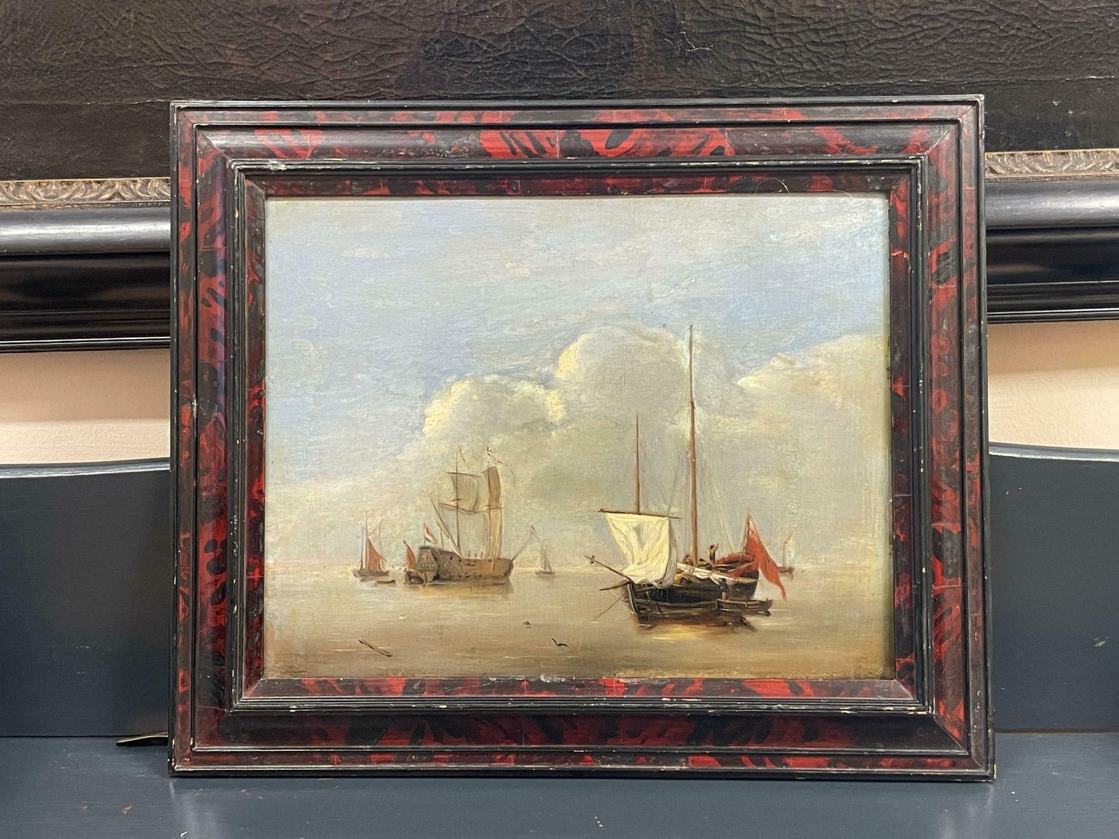 Dutch 18thshipping In Calm Waters, 18th Century Dutch Oil On Wood Panel, Man O War18th Century photo for sale