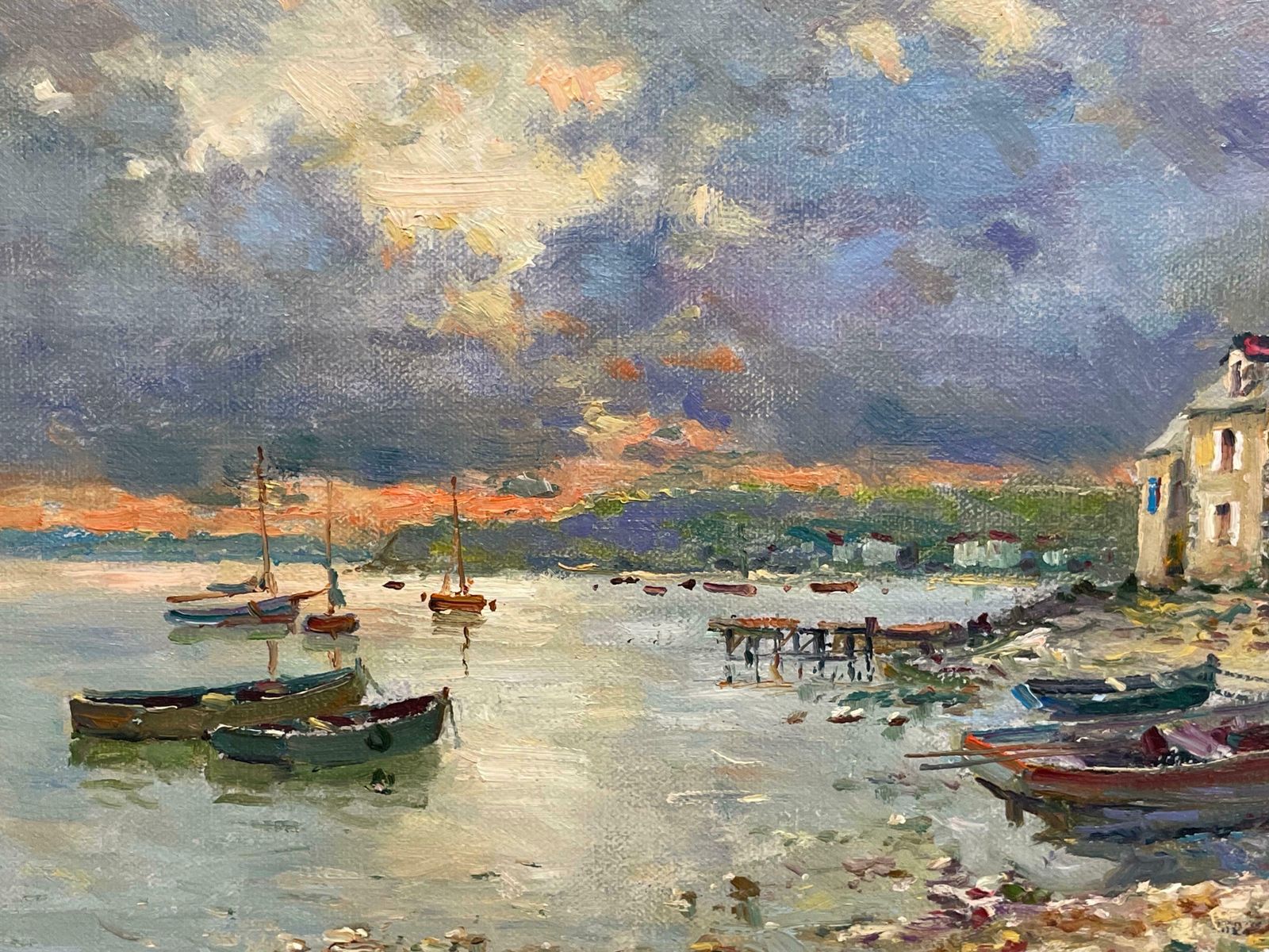 Jean Kevorkiansuperb French Impressionist Signed Oil Painting Brittany Boats Coastline Sunsetc. 1980's photo vintage