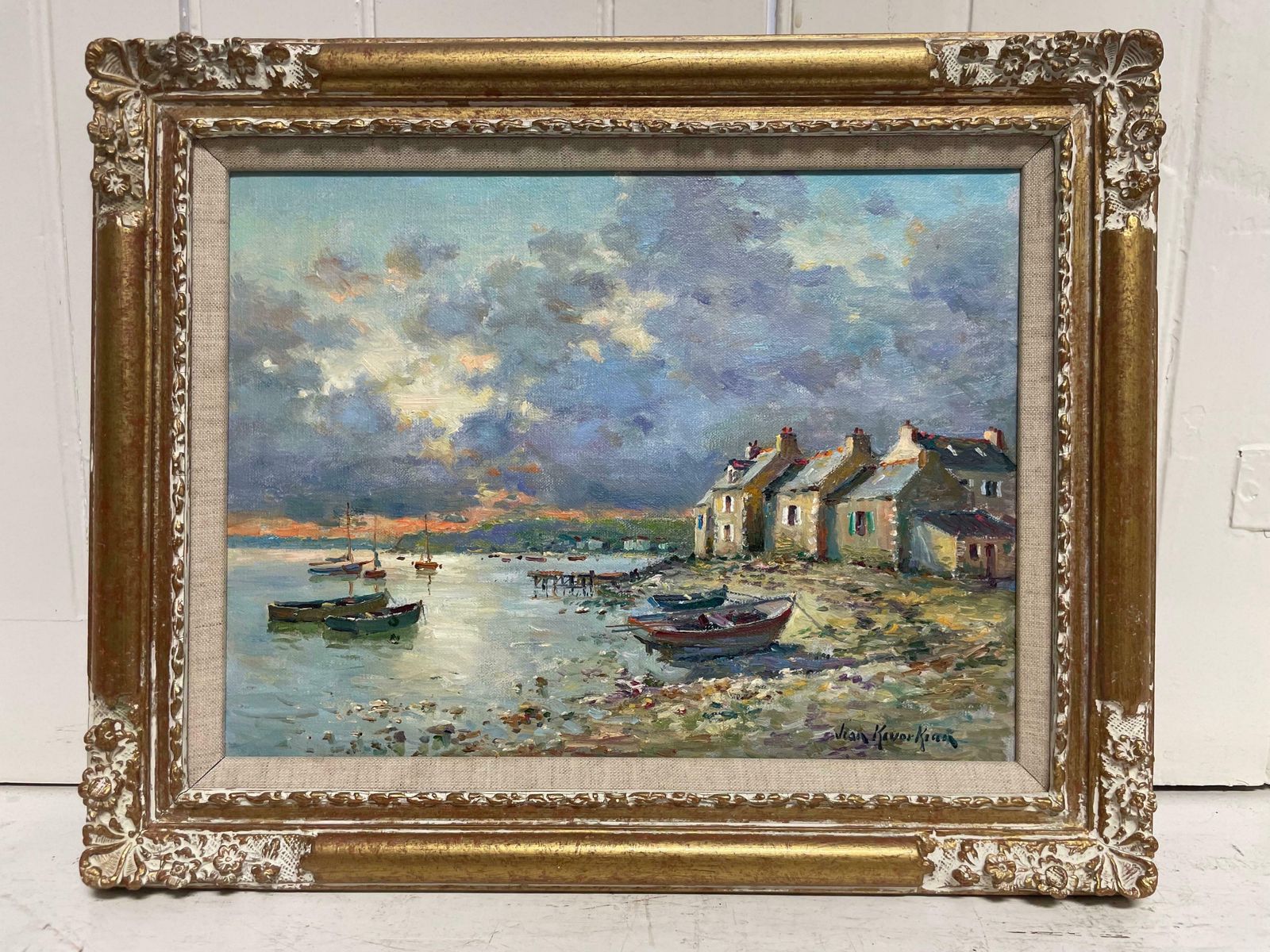 photo for sale Jean Kevorkiansuperb French Impressionist Signed Oil Painting Brittany Boats Coastline Sunsetc. 1980's