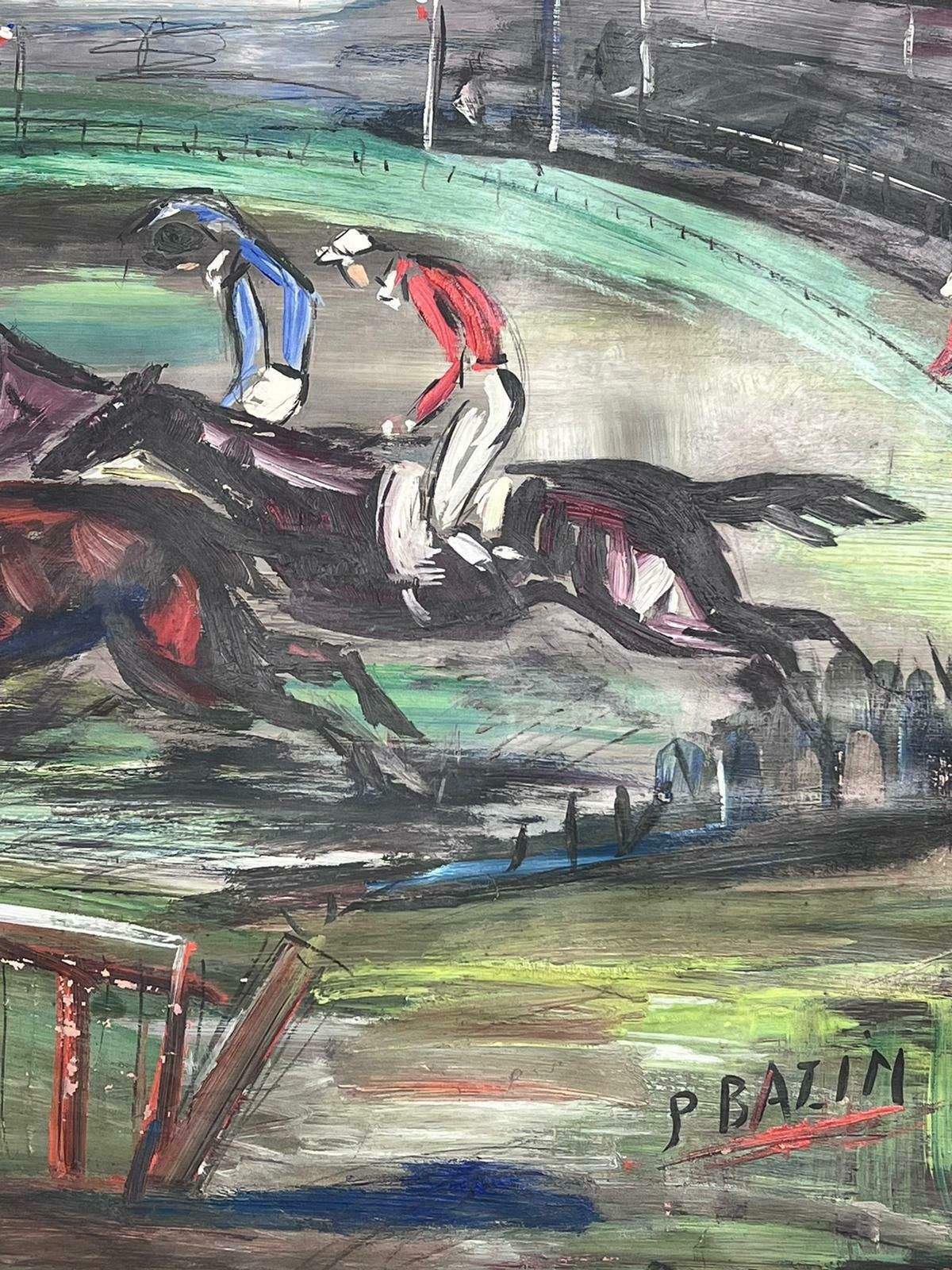 French Mid Century Large Mid Century French Expressionist Signed Oil Horse Racing Scene1950's photo for sale