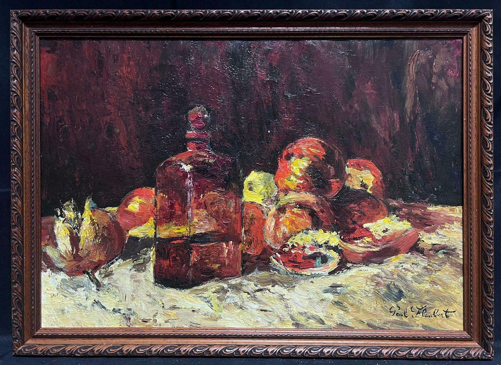 Paul Flaubertfrench Impressionist Signed Oil Painting Still Life Apples And Wine photo furniture