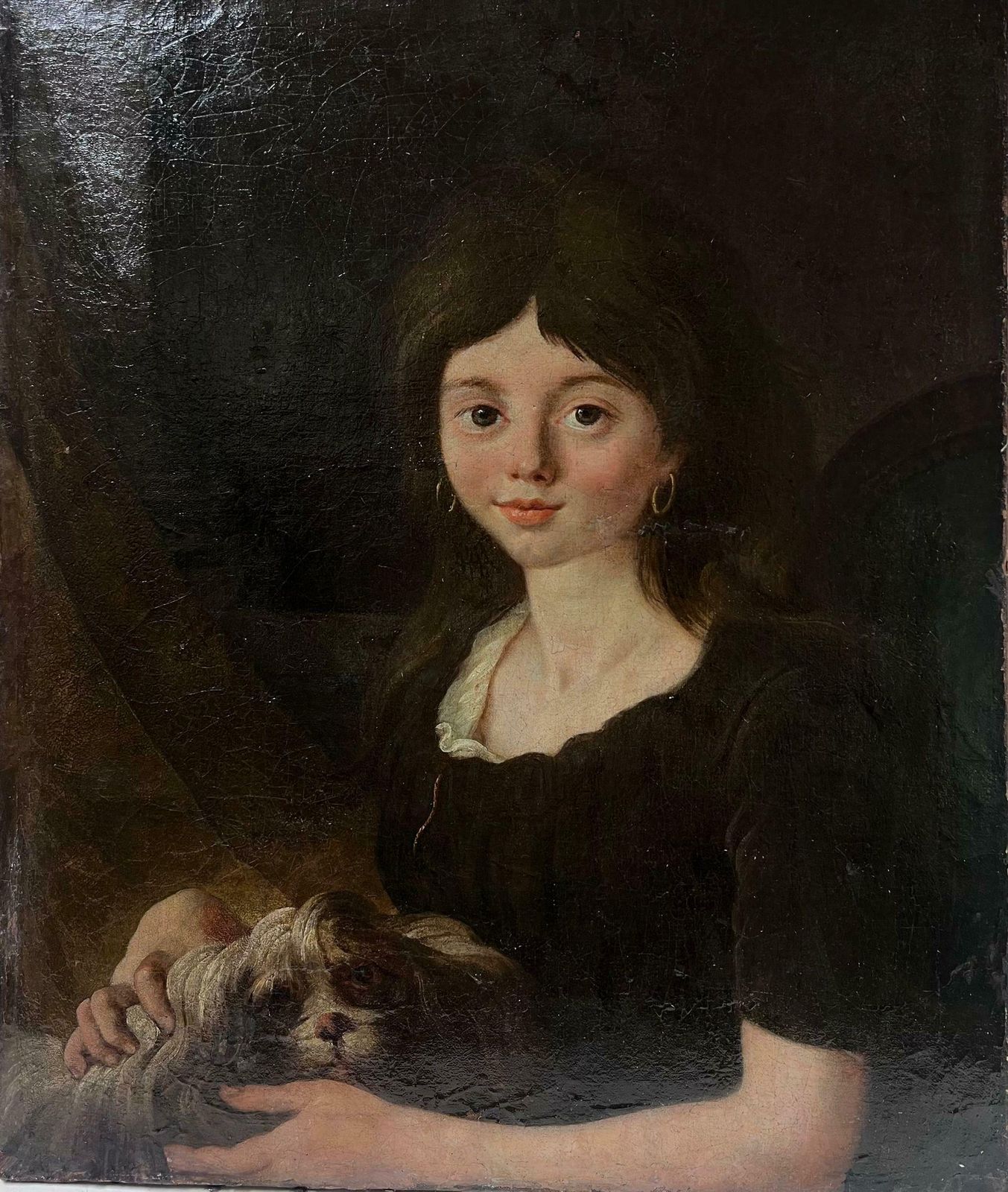 French Schoolc. 1800's French Oil Painting On Canvas Young Girl With Pet Dog On Lap1800