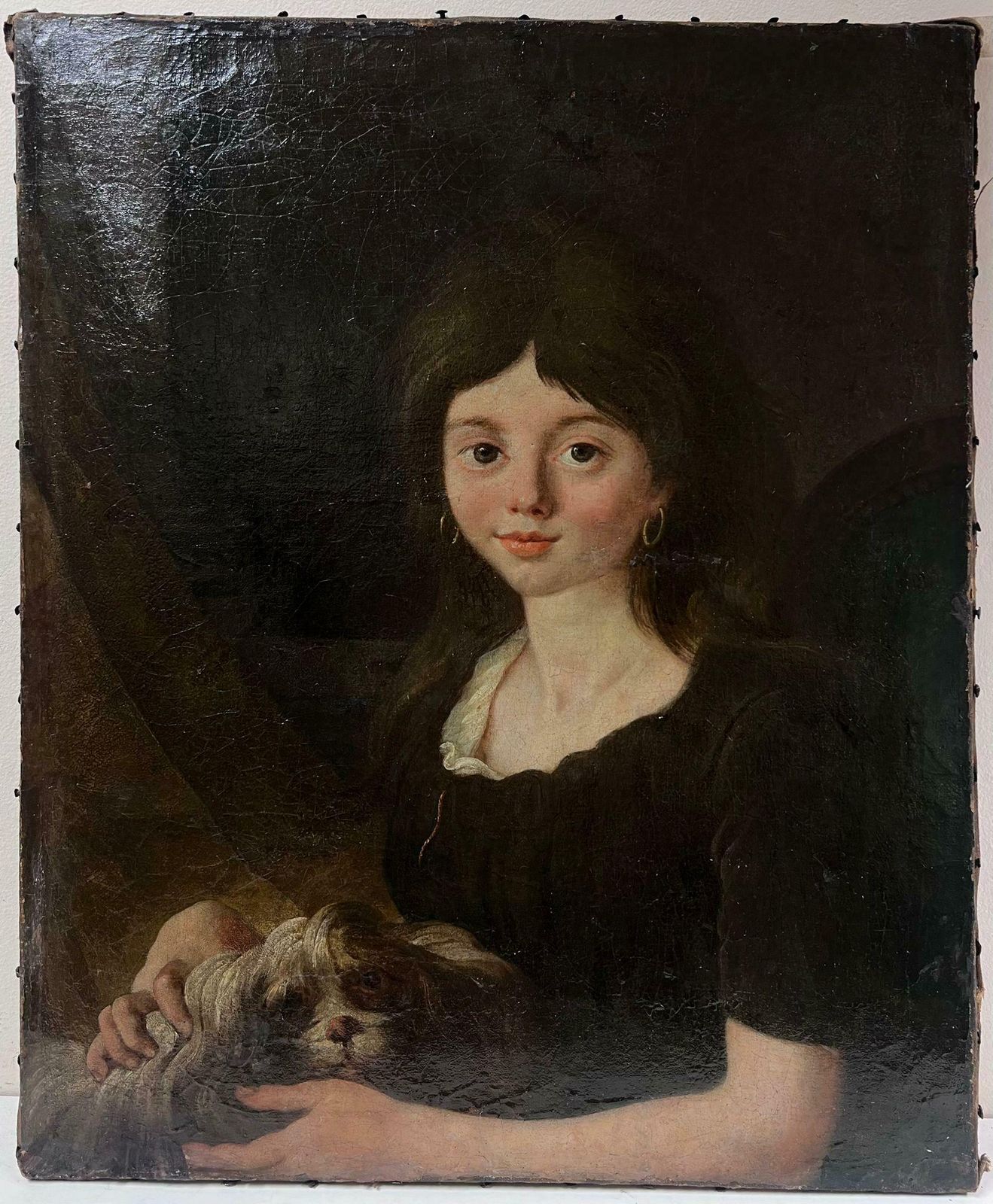 French Schoolc. 1800's French Oil Painting On Canvas Young Girl With Pet Dog On Lap1800 photo furniture
