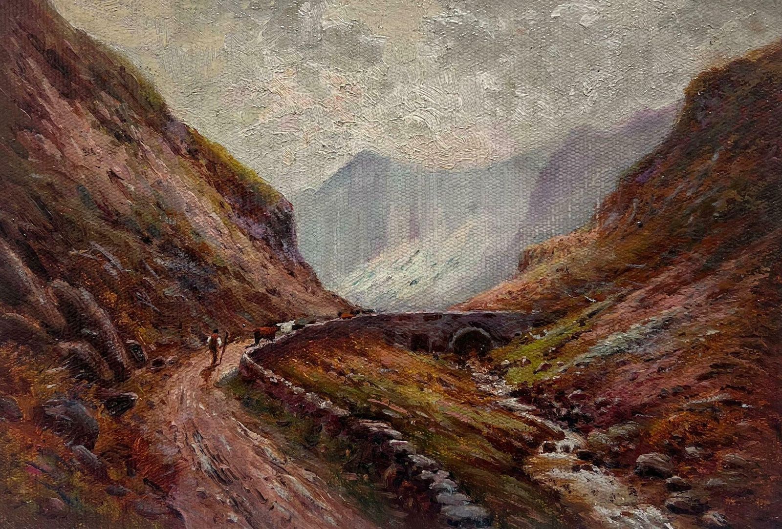 British School Antique Scottish Highlands Oil Painting Drover With Cattle Mountain Valley Path photo Art