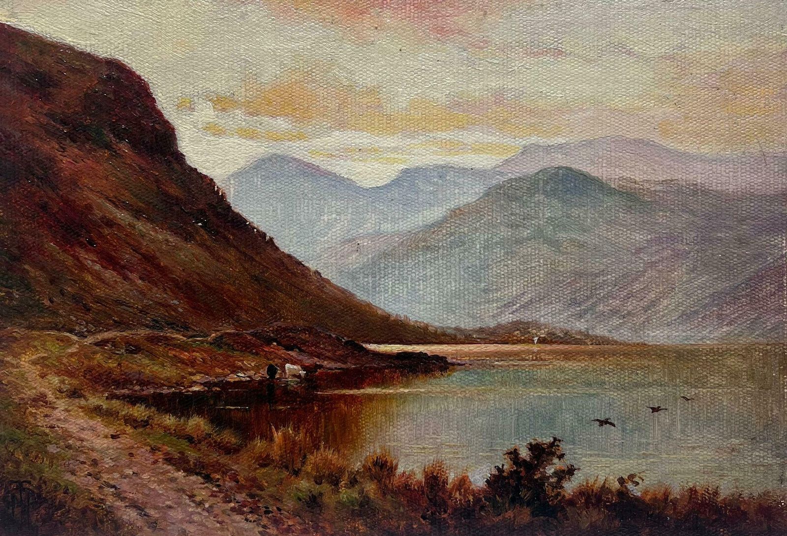 British School Scottish Highlands Loch Scene At Sunset Cattle Watering Signed Antique Oil photo 769.0